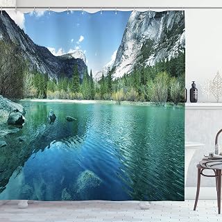 Ambesonne Yosemite Shower Curtain, Mirror Lake Yosemite Scenic Picture with Mountains Lakeside Trees Waterscape, Cloth Fabric Bathroom Decor Set with Hooks, 69" W x 75" L, Turquoise Blue