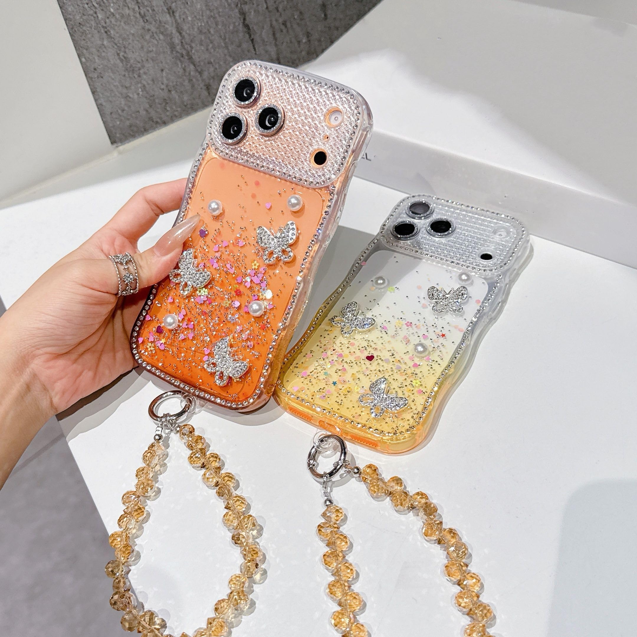 Funda para iPhone 17 16 15 14 13 Pro Max con brillo de diamantes de imitación, diseño degradado, correa para la muñeca, cordón y cubierta trasera a prueba de golpes (para iPhone 14 Pro/BL con cordón)
