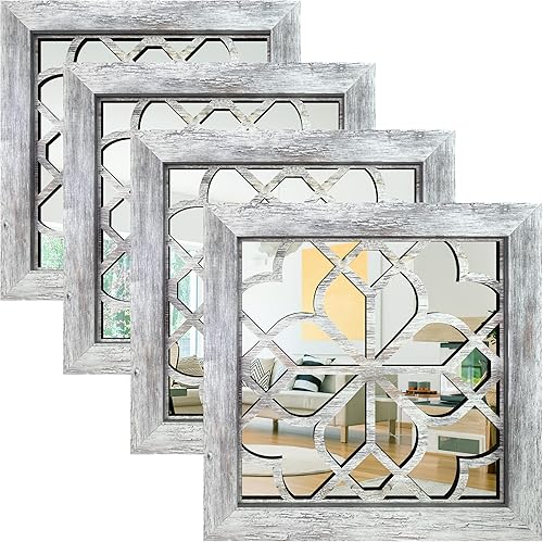 Miniatura 10 de Espejo de pared bohemio, juego de 2 espejos rústicos de acento de granja, espejos vintage estilo cuadrado a prueba de roturas de 12x12 pulgadas para