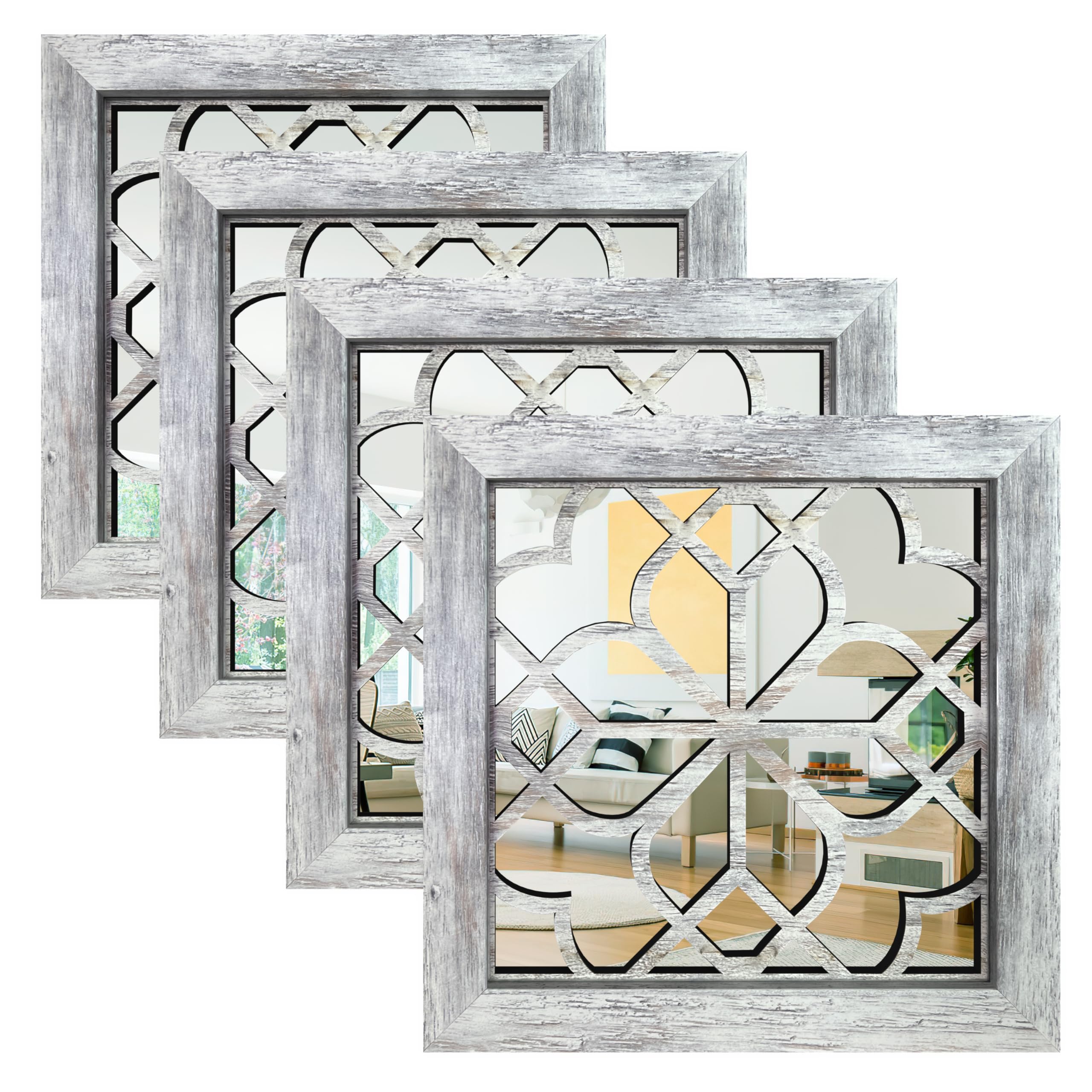 Photo 1 of HMANGE Set of 4 Boho Wall Mirrors with Carved Floral Design, 12x12 Inch Rustic Farmhouse Accent Mirrors, Vintage Style Shatterproof Square Mirror Decor for Living Room, Bedroom(Grey)