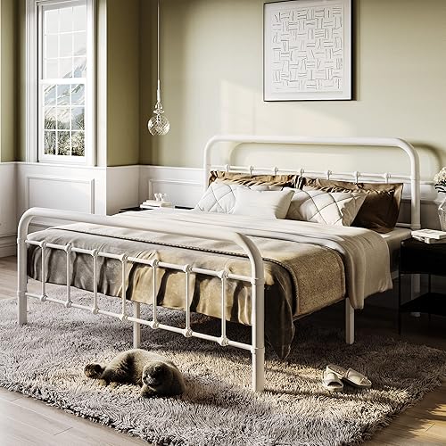 Miniatura 3 de SHA CERLIN Base de cama de tamaño matrimonial con cabecera y estribo de estilo vintage, base de colchón resistente, no necesita somier, fácil