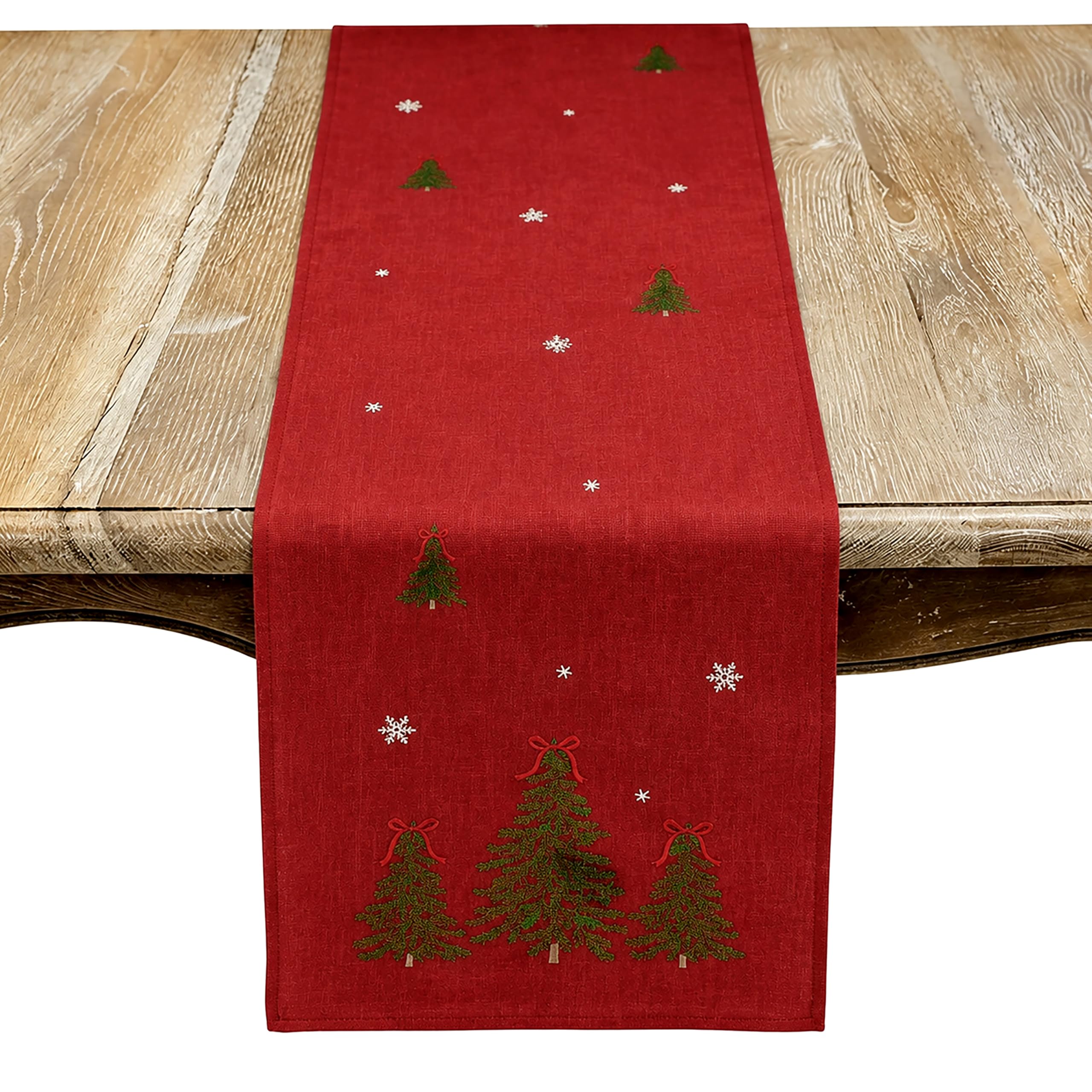 SARO LIFESTYLE Embroidered Christmas Tree Table Runner - Holiday Table Runner with Snowflake Accents and Bow-Topped Evergreen Design for Festive Dining Tables and Seasonal Entertaining, 16"x68", Red