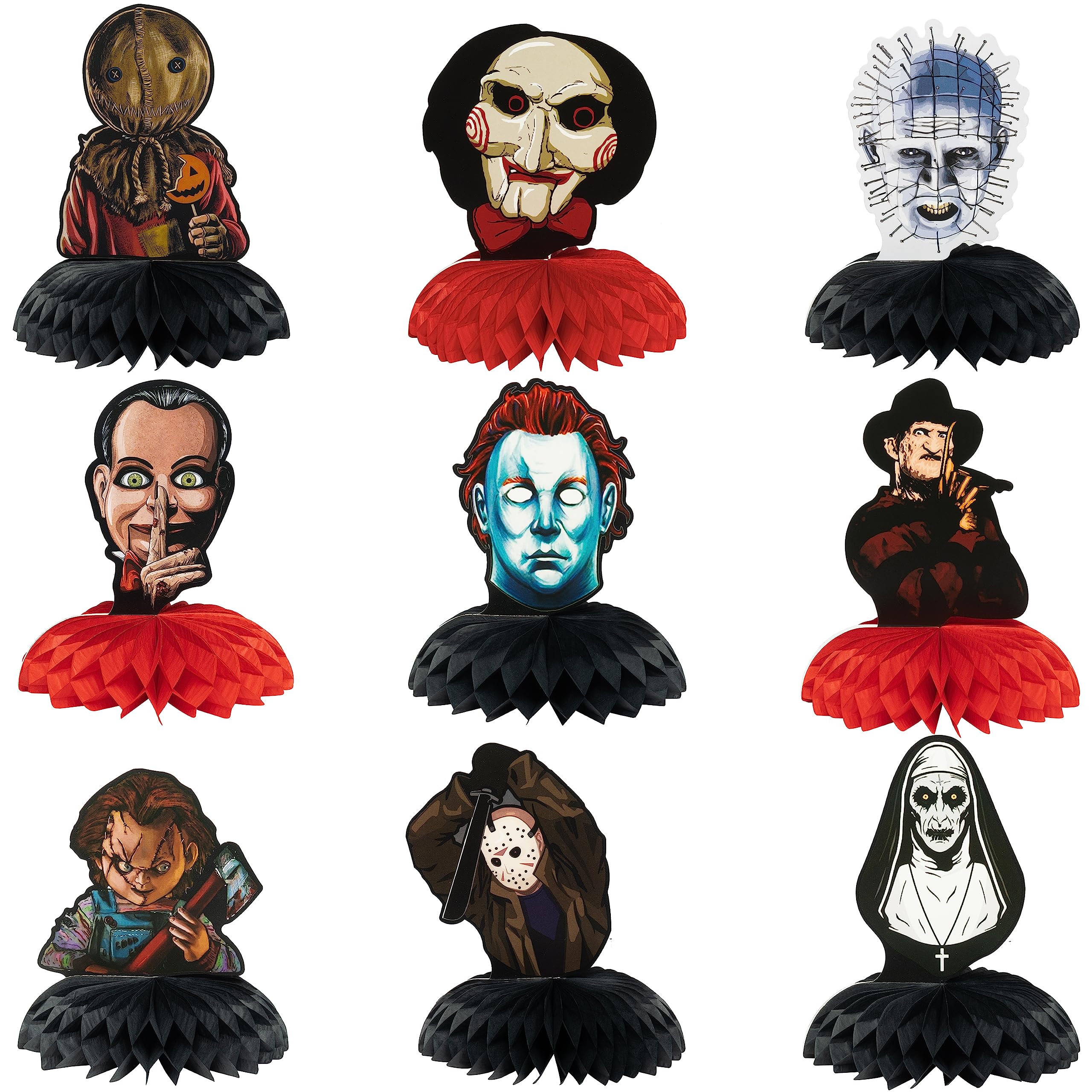 9Pcs Horror Movie Character Honeycomb Centerpiece Kits Horror Fans Themed Halloween Party Favor Decorations Halloween Photo Booth Props Table Topper Supplies for Adults