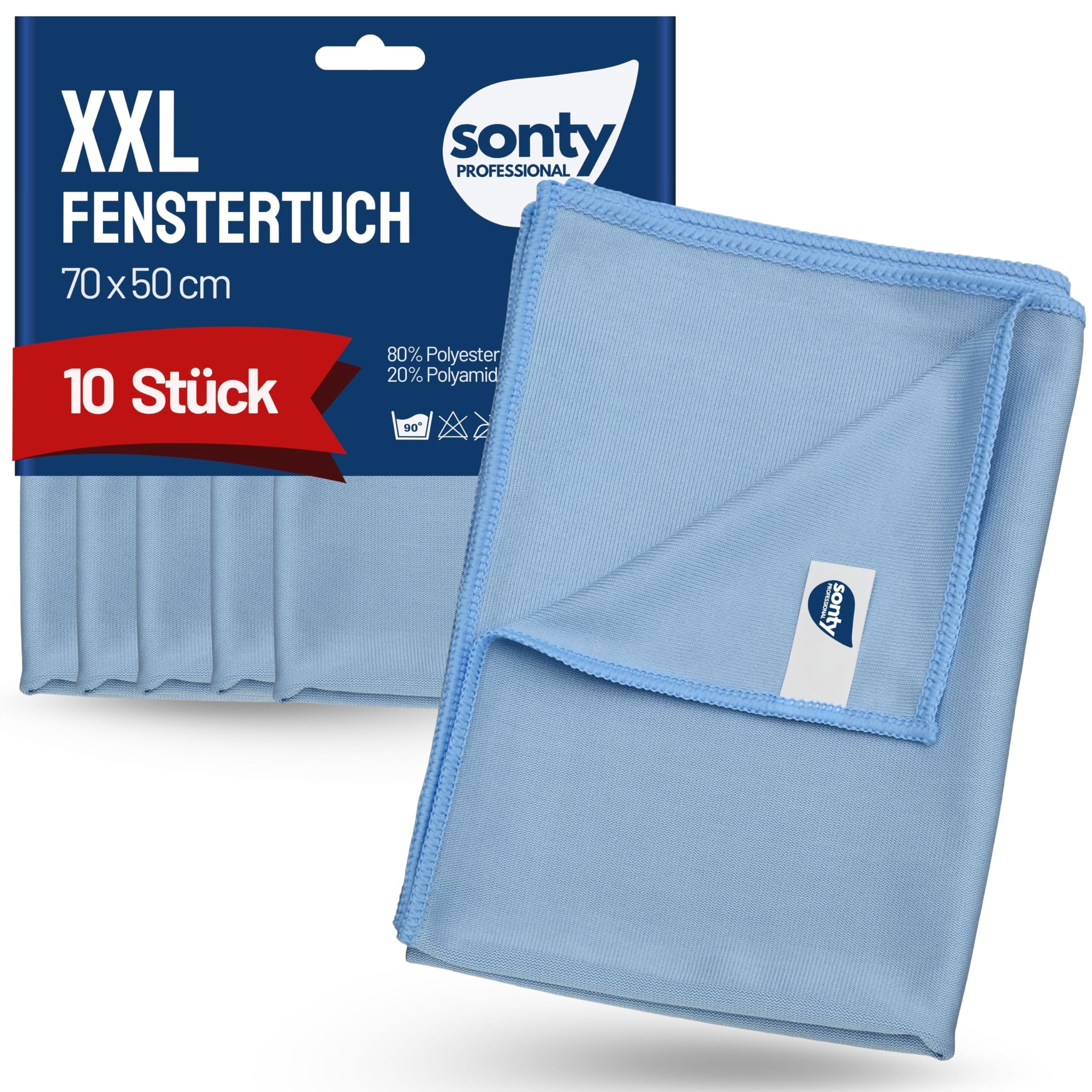 Sonty Profi Fensterputztücher XL 50x70 cm – 10er Maxi-Pack Microfaser Fenstertuch streifenfrei | Glastuch & Zaubertuch für Glas, Spiegel, Wundertuch Küchenfronten | Waschbar 40–90°C (Blau)