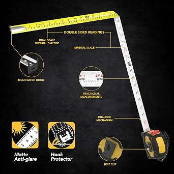 LEXIVON [4-Pack] 16Ft/5m DuaLock Tape Measure | 1-Inch Wide Blade with Nylon Coating, Matte Finish White & Yellow Dual Sided Rule Print | Ft/Inch/Fractions/Metric (LX-207X4)