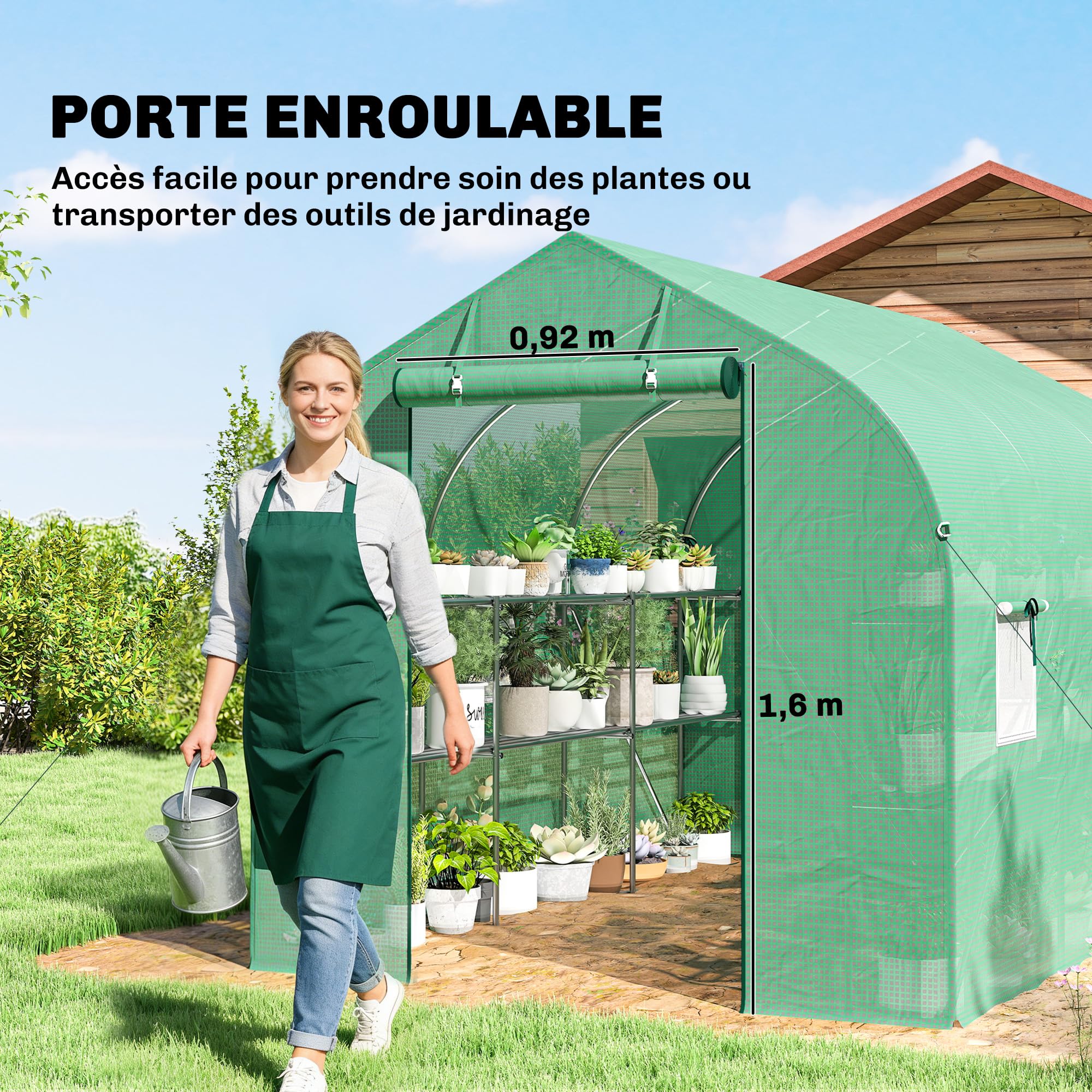 Outsunny Serra Tunnel 6m² con Ripiani 198x293x194cm Porta Verde | Serra da giardino, telaio acciaio zincato, 6 finestre, per esterno, tutte stagioni, copertura PE alta densità 140 g/m²