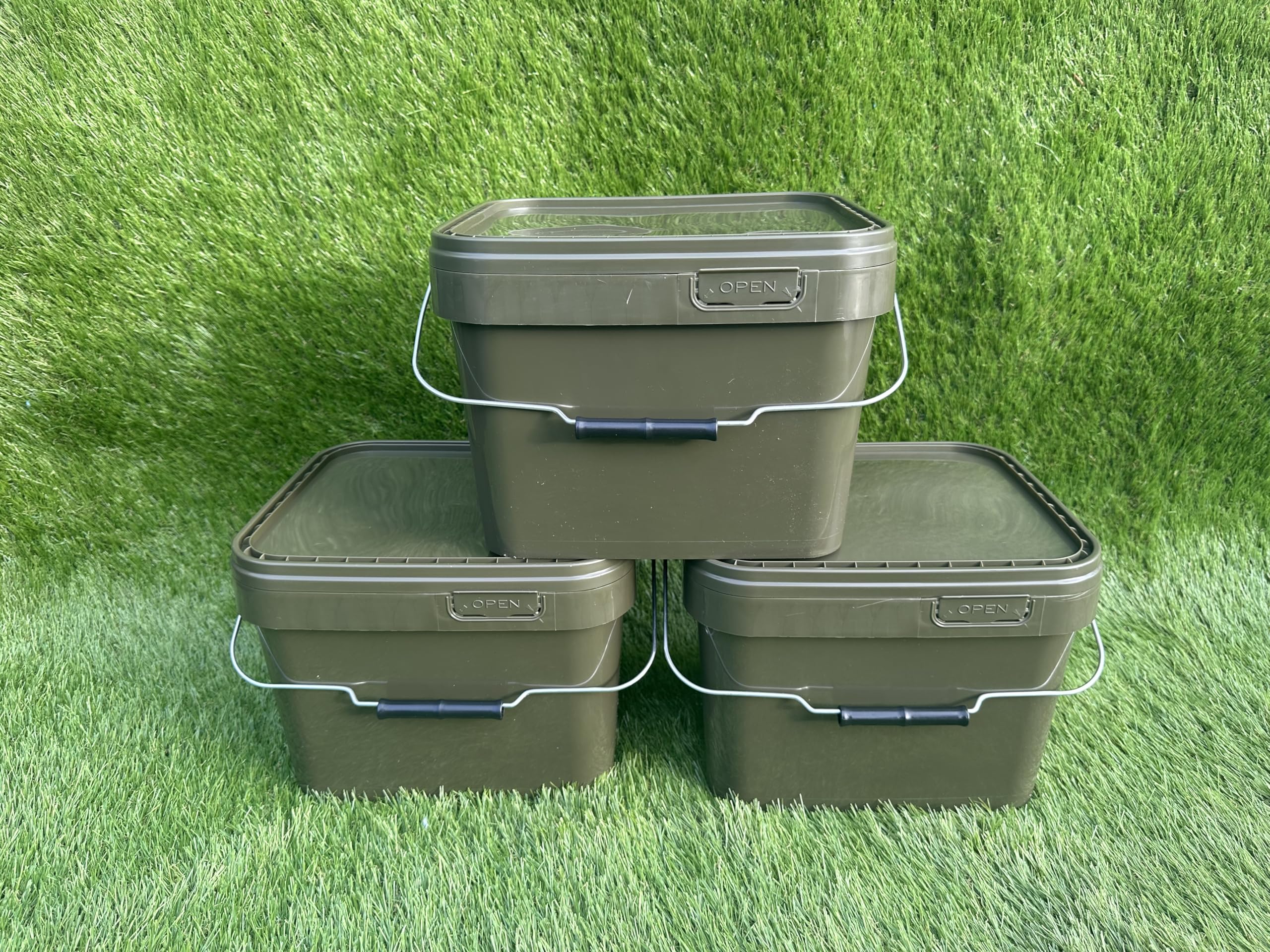 Lidsters Fishing Square Bucket 5L 10L 17L Litre Carp Fishing Bait Buckets (3 x 10L Buckets)