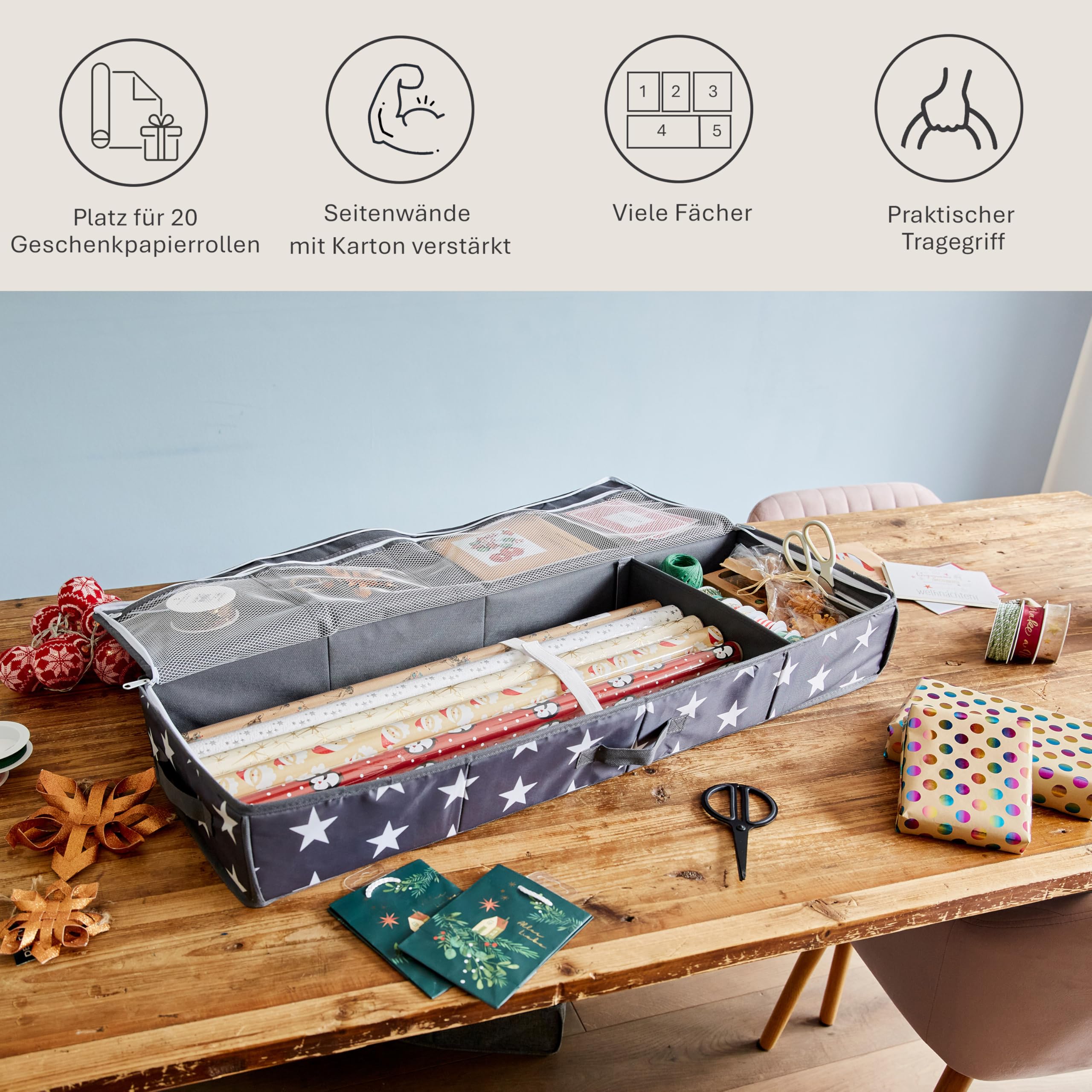 LOVE IT STORE IT Tasche für Geschenkpapier Aufbewahrung - Hochwertiger Geschenkpapier Organizer - Mit Fächern für Geschenkbänder - Grau mit Sternen - 90x30x12 cm