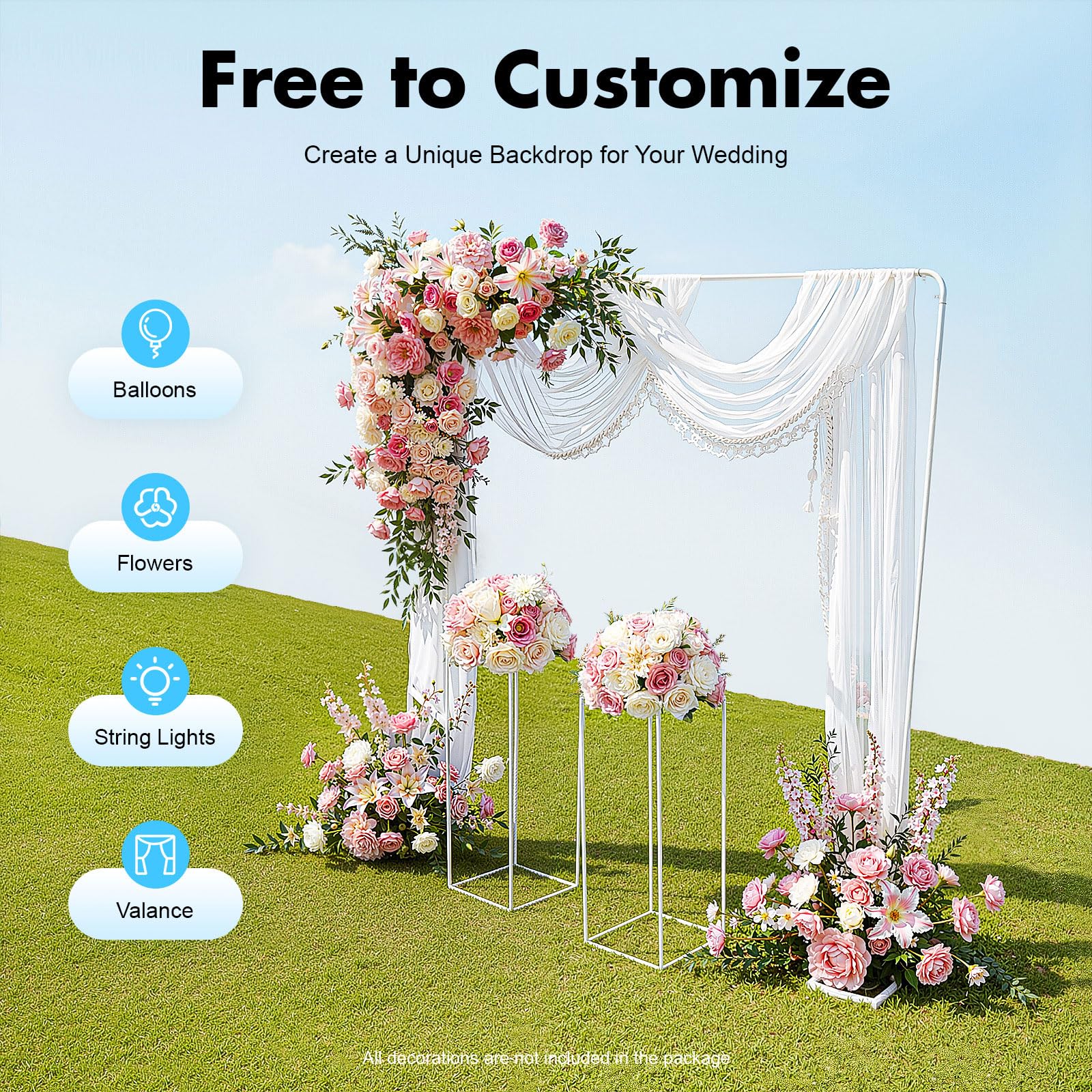 2×2m Ballonständer mit 2 Stück Blumenständern, Hochzeitsständer, Hochzeitskulissenständer, Metall Hochzeitsbogen, Ballonbogen Ständer, Hintergrundständer, für Hochzeiten (Weiß)