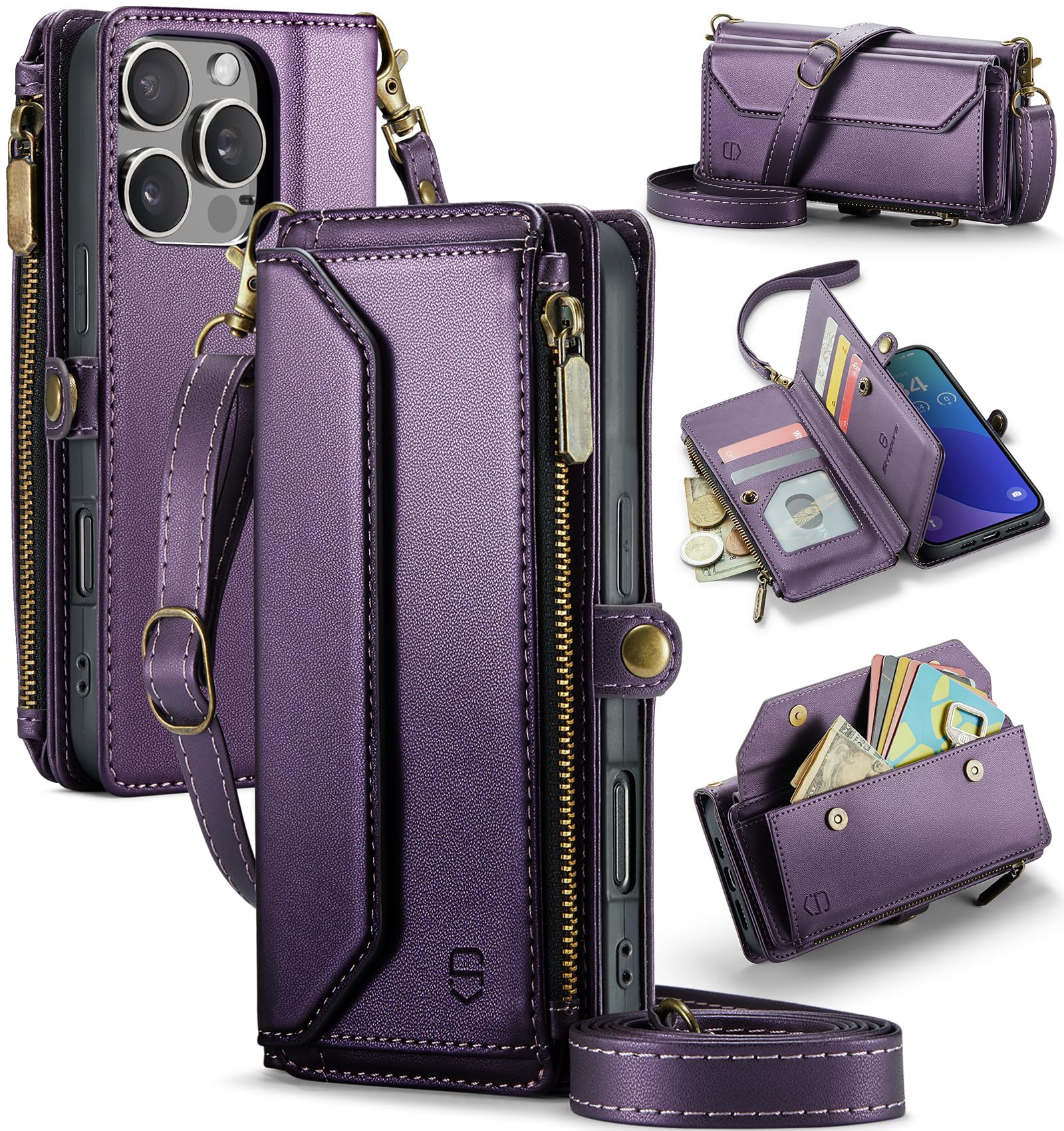 Strapurs Wallet Case Compatible with iPhone 16 Pro 6.3" RFID Blocking 10-Card Holder Soft PU Leather Magnetic Snap Shoulder Strap Zipper Pocket Phone