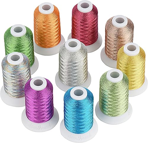 Simthread Kit de hilo metálico brillante para máquina de bordar de 10 colores esenciales, 1,640.4 ft (550Y) para bordado computarizado y costura