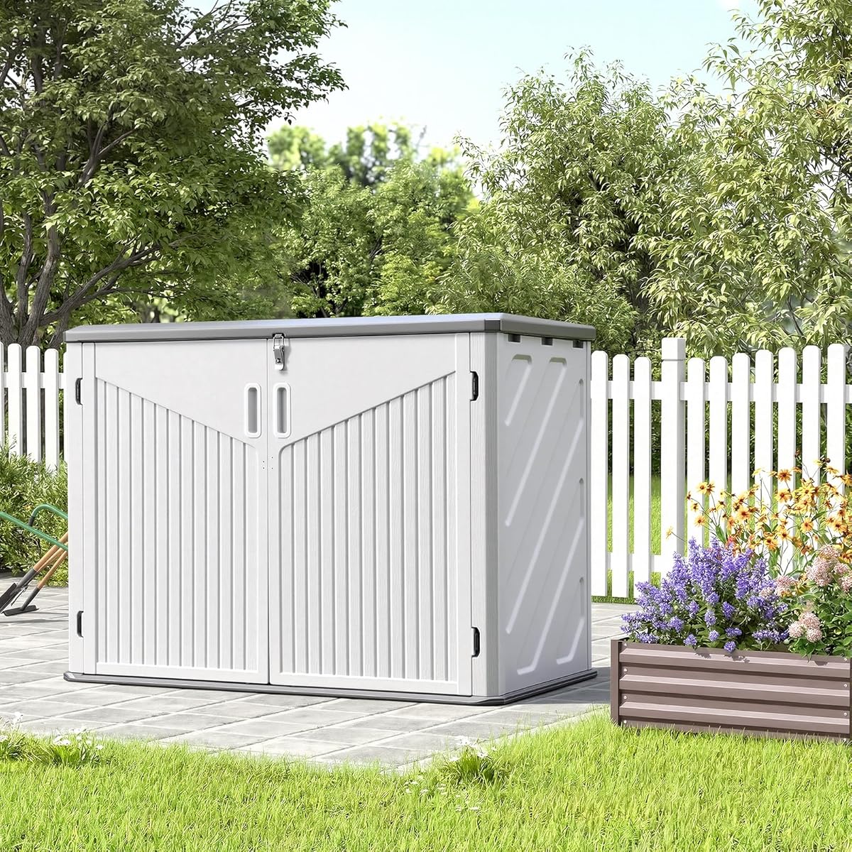 Panana Outdoor Storage Box, Large Plastic Garden Shed, White and Grey, Utility Storage Container with Hinged Lid for Tools, Equipment, Lawn Mower 51x28x38inch