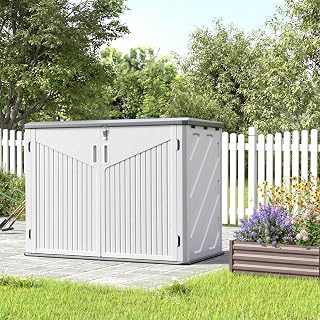 Outdoor Storage Box, Large Plastic Garden Shed, White and Grey, Utility Storage Container with Hinged Lid for Tools, Equipment, Lawn Mower 51x28x38inch