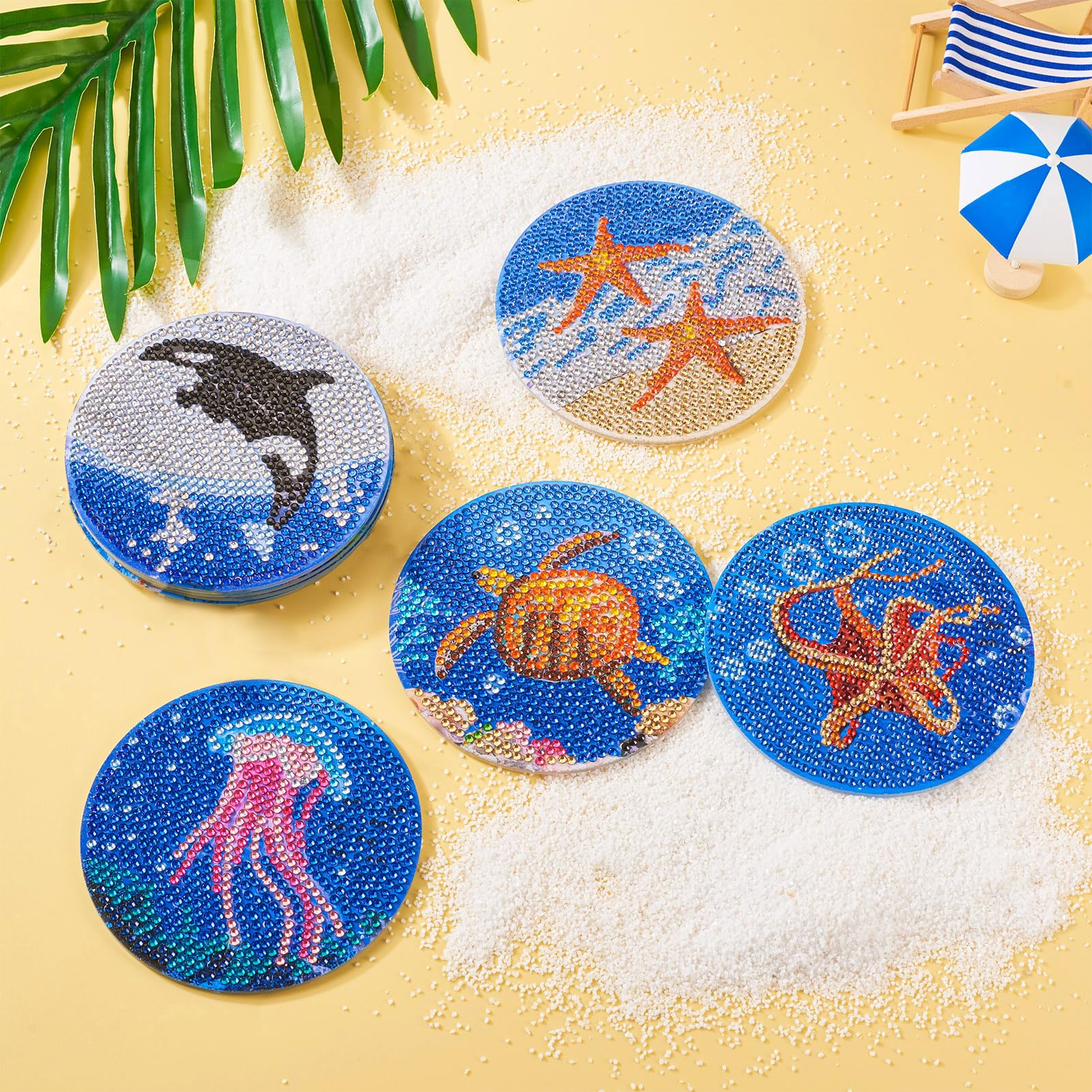 5D Diamond Painting onderzetters met houder, 8-delige set, doe-het-zelf oceaan, schilderij, diamant, knutselen, volwassenen, onderzetters, kinderen, kunst, mandala, kaarsen, decoratieve houten