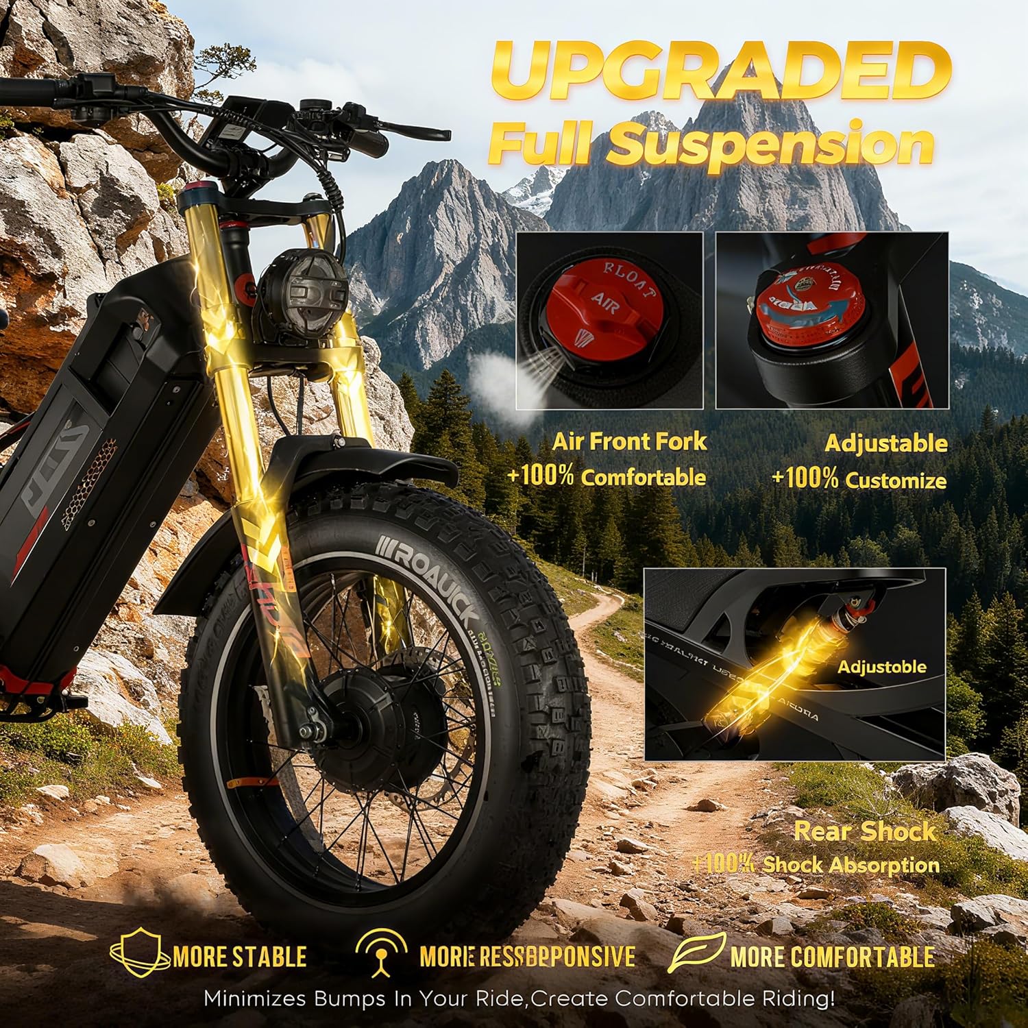 (2025 Version) Eahora Romeo II 2500W 40 MPH Electric Mountain Bike Dual Motor 52V 60AH Battery 200 Miles Long Range Electric Bike for Adults 20"*4.5" Fat Tire Full Suspension Off-Road EBike