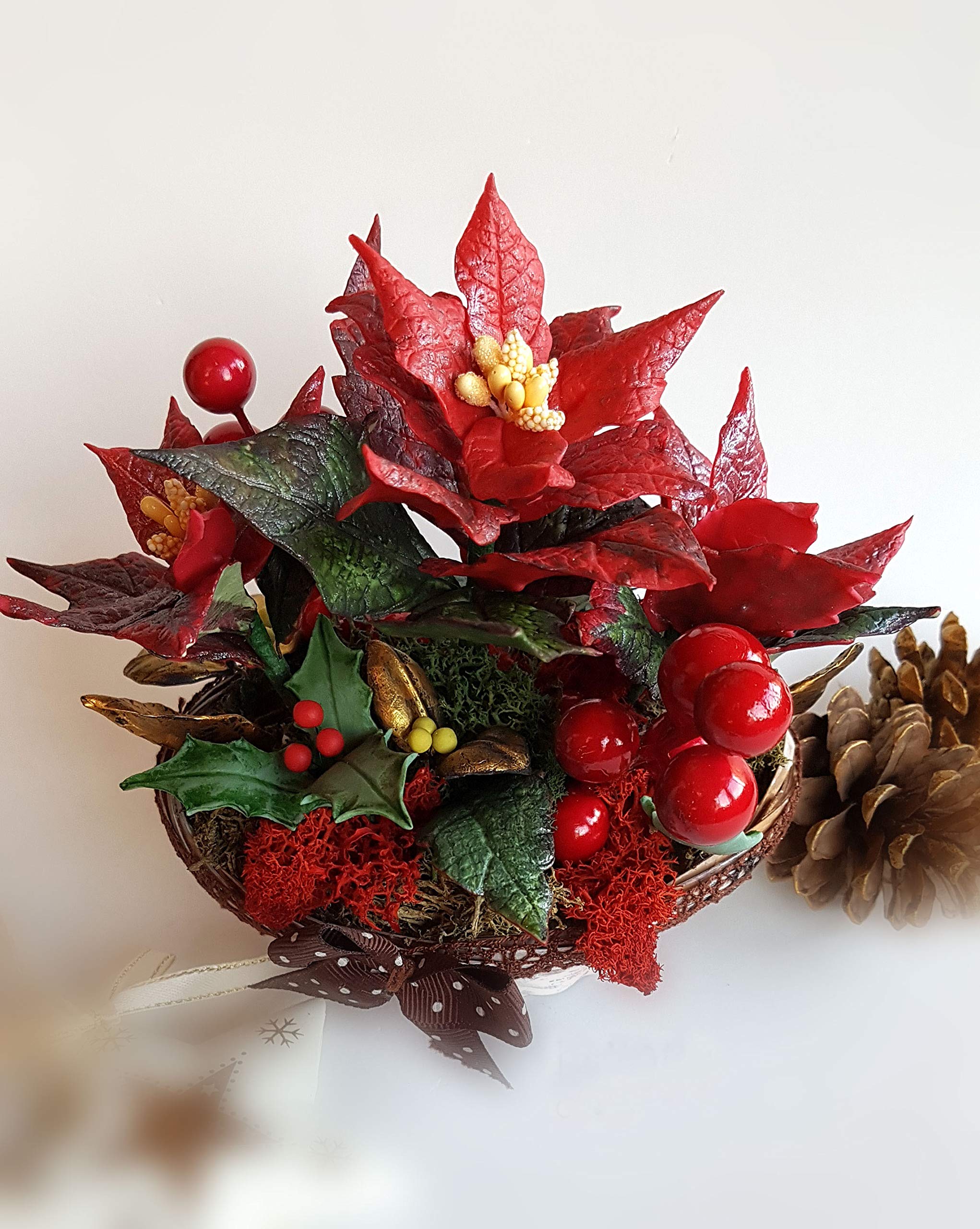 Flor de Navidad Poinsettia, Flores de Porcelana, Miniatura Decoracion del hogar, Hecho a Mano