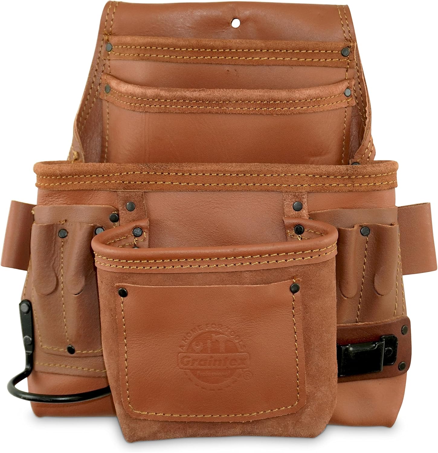 Graintex PS1980 :: 10 Pocket Nail & Tool Pouch Tan Color Industrial Grade Leather; for Handyman, Constructors, Plumbers, Electrician