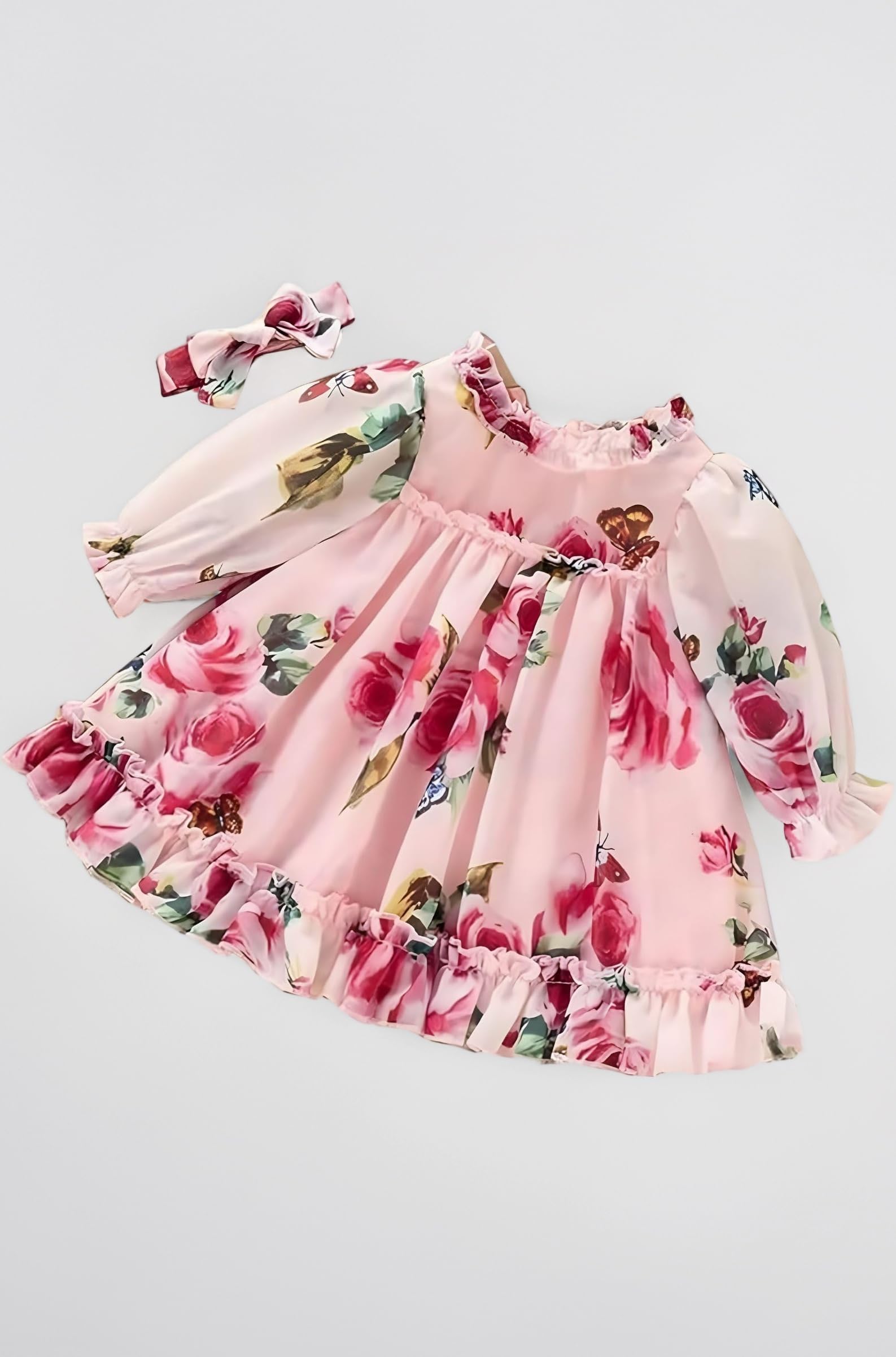 Pink Summer Floral Printed Full Sleeve Ruffle Pattern Baby Girl Frock