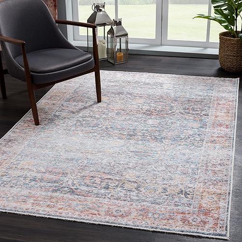 Bloom Rugs - Alfombra Caria lavable, antideslizante, de 1,52 x 2,13 m, color azul océano y ladrillo, para sala de estar, dormitorio, comedor y