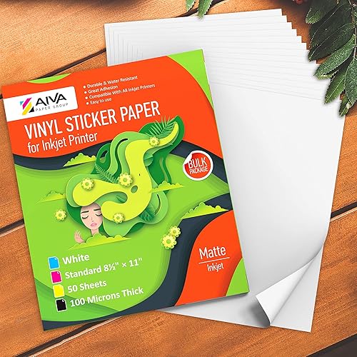 Vista 37 de Papel adhesivo de vinilo imprimible, papel de calcomanía impermeable para impresora de inyección de tinta, 30 hojas autoadhesivas, blanco mate