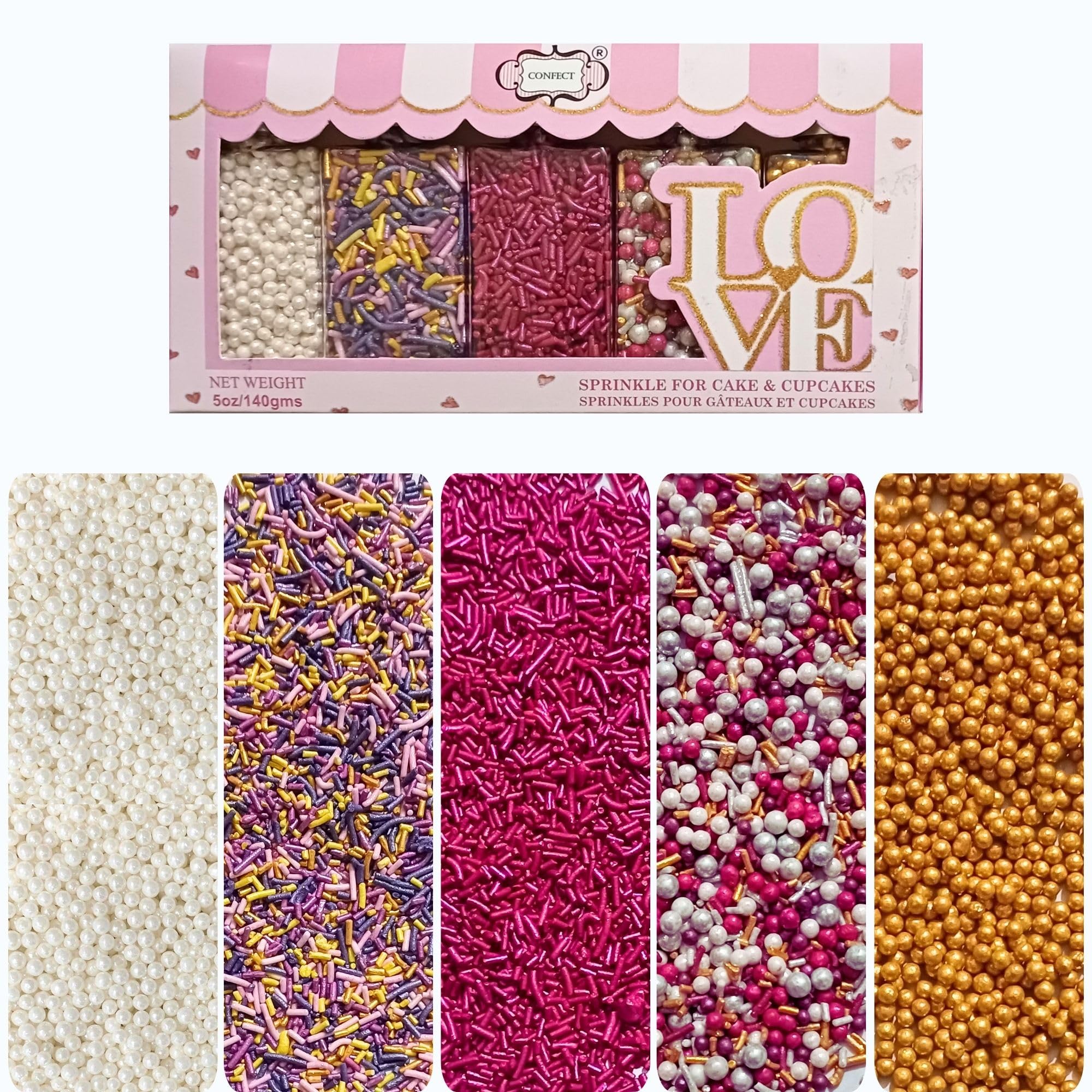 Sprinkles –Fusion Mashup Multipack – Colorful Edible Sprinkles | White Pink Pearl, Gold Pearl & Pink Vermicelli for Cake, Cupcake & Dessert Decorating – Multicolor Baking Toppings for Parties & Celebrations - Vegan, Gluten-Free- 140 Gms