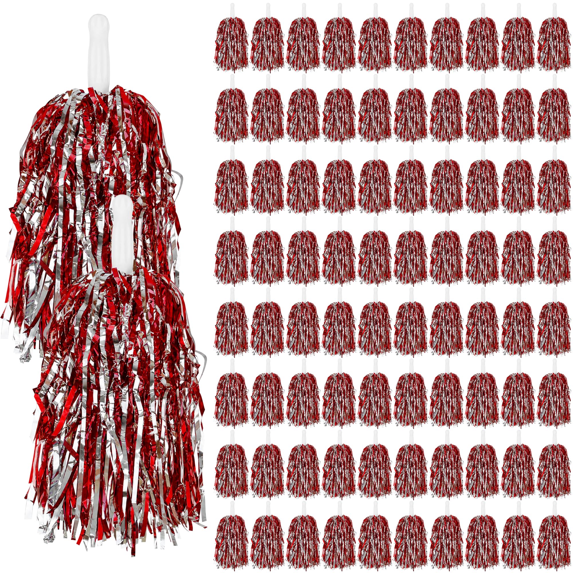 Lot de 80 pompons de pom-pom girl en plastique métallique pour football, basket-ball, sport, équipes, danse, fête, spectacle, célébration (rouge argent)