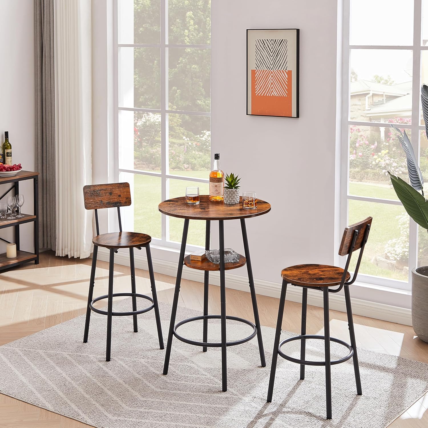 3 Piece Round Bar Stool Set with Storage Shelves, Small Counter Height Dining Sets with 2 Stools, for Bistro Pub, Breakfast Nook, Kitchen Restaurant Dinette, Rustic Brown