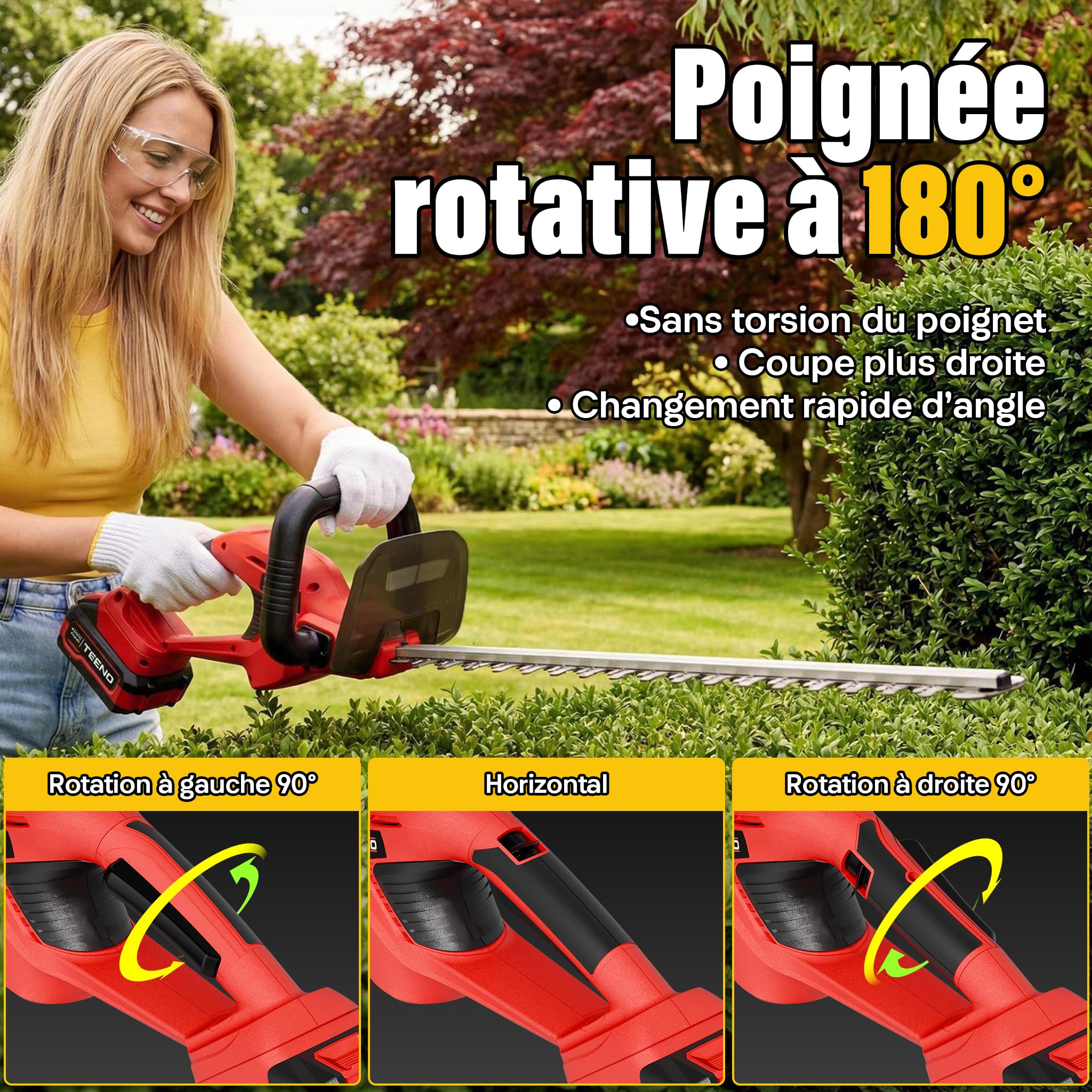 TEENO Taille Haie Batterie 20V,Taille Haie Electrique sans Fil avec 1 Batterie 4000mAh, Lame 52cm Coupe 16mm,Poignée Pivotante 180°,pour Jardin Haies Arbustes Buissons