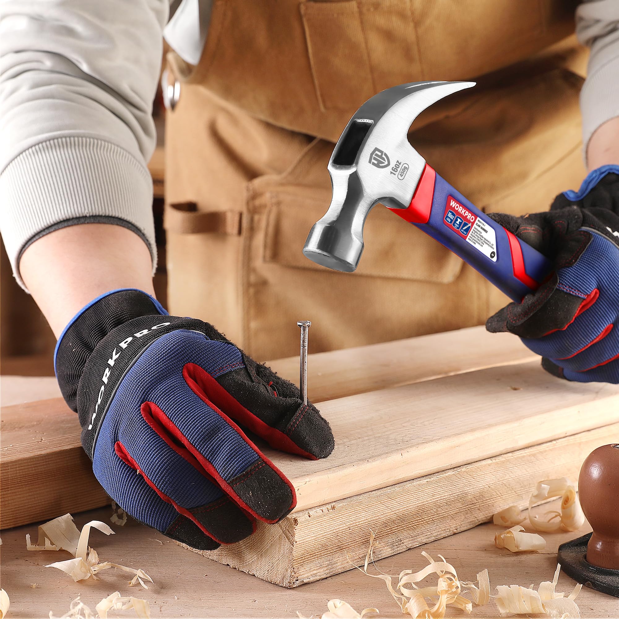 WORKPRO Lot de 2 Marteaux de Charpentier avec Arrache-Clou et Manche en Fibre de Verre, Marteau à Griffes pour Travaux du Bois, Rénovation et DIY