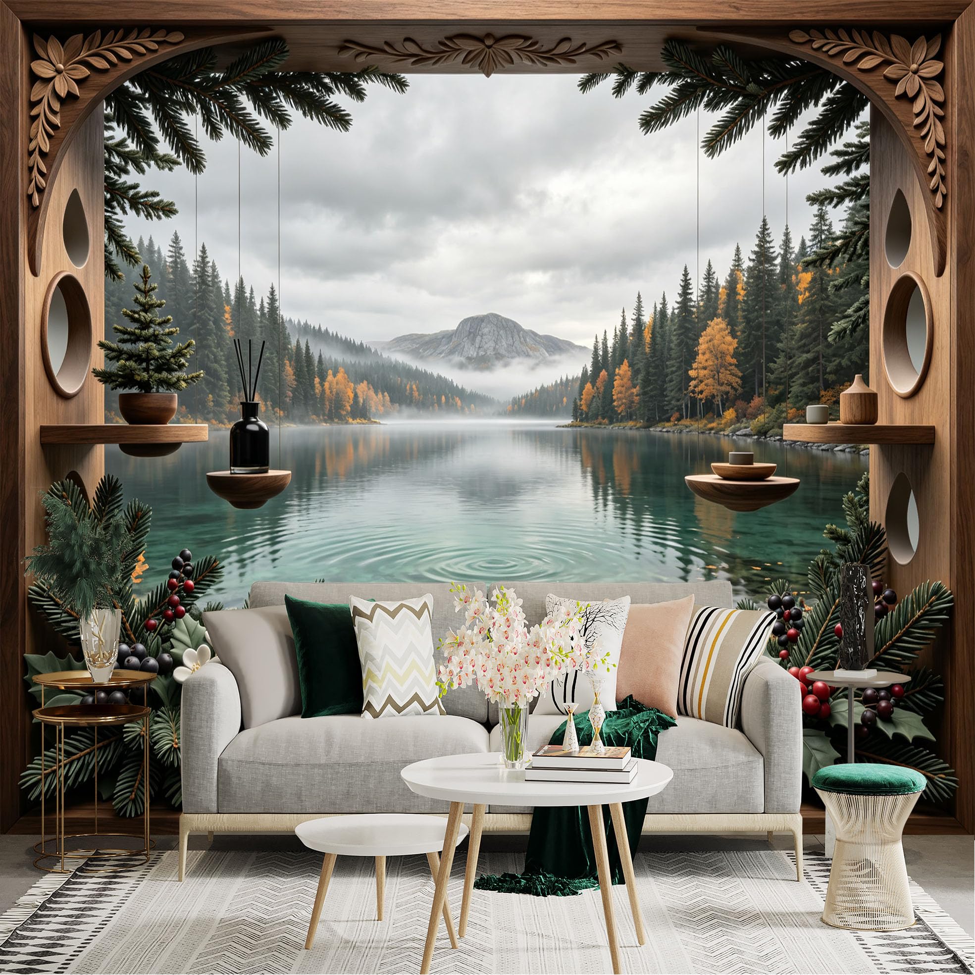 Lnzczhyre Bh260719069 Custom Size Wall Sticker Mural， Scenic Lakeside View With Autumn Forest， Calm Mist Mountain Landscape， Winter Decorative Elements， For Wall Decoration， Peelandstick Wall Decals.