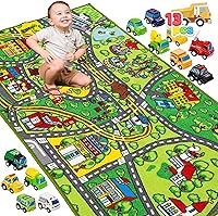 JOYIN Kids Playmat with 12 Pull-Back Cars, Giant 58.5x31.5 City Rug for Toddlers Age 3+, Educational Pretend Play Set