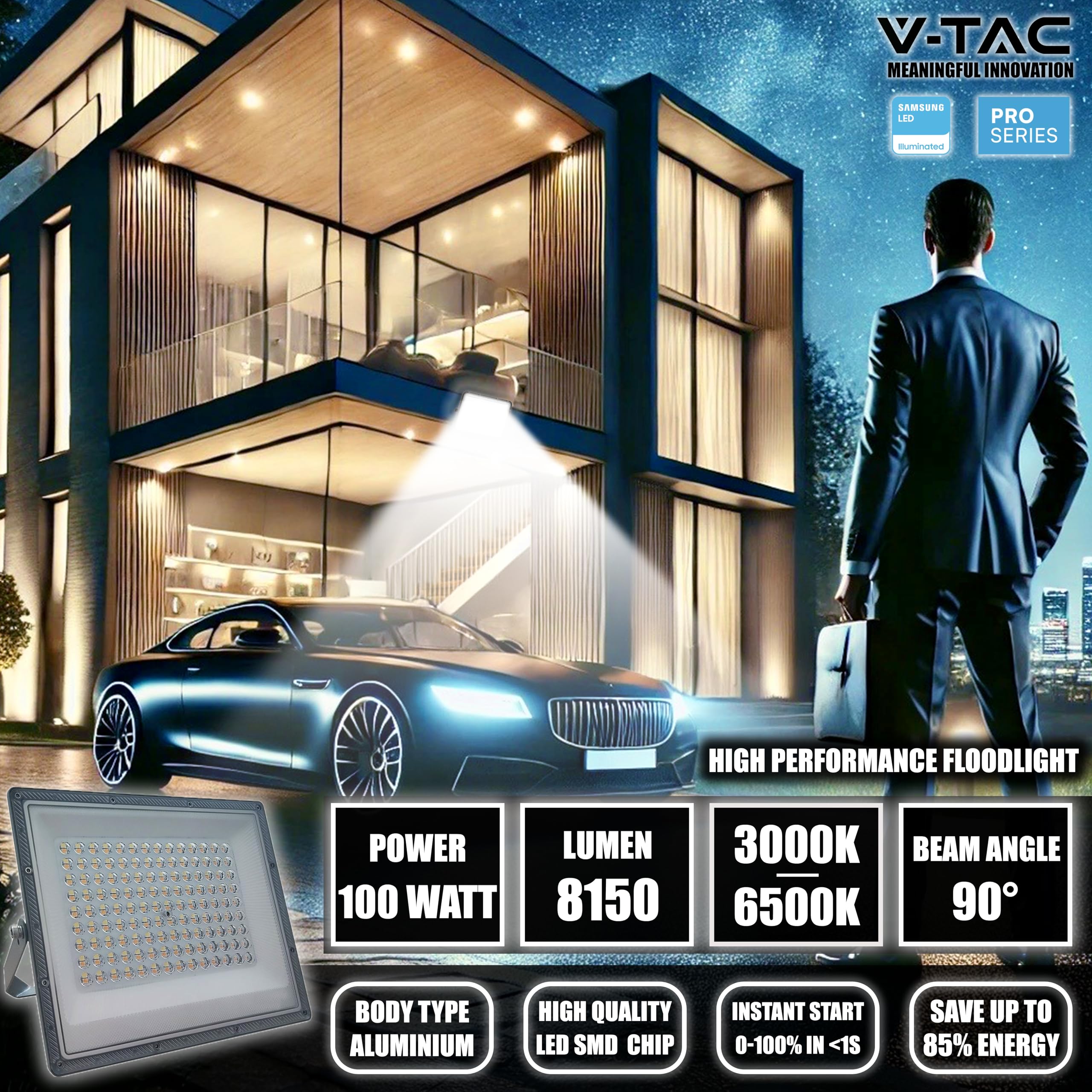 V-TAC Faro LED da Esterno 100W - [Chip Samsung + Tecnologia RLE] - 8150 Lumen - IP65 - Proiettore Faretto LED Nero Casa, Giardino, Garage, Magazzino - Luce CCT 3 IN 1 Calda, Fredda o Naturale