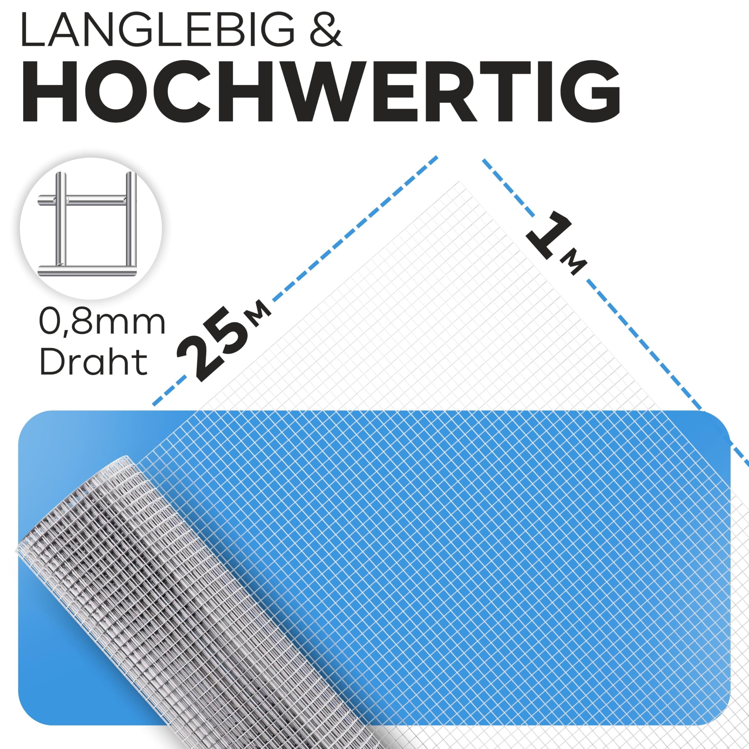 KrapTrap Volierendraht Drahtgitter feinmaschig I verzinkt I 8x8 mm I 25m x 1m I Wühlmausgitter Mäusegitter Nagergitter Hochbeetgitter …
