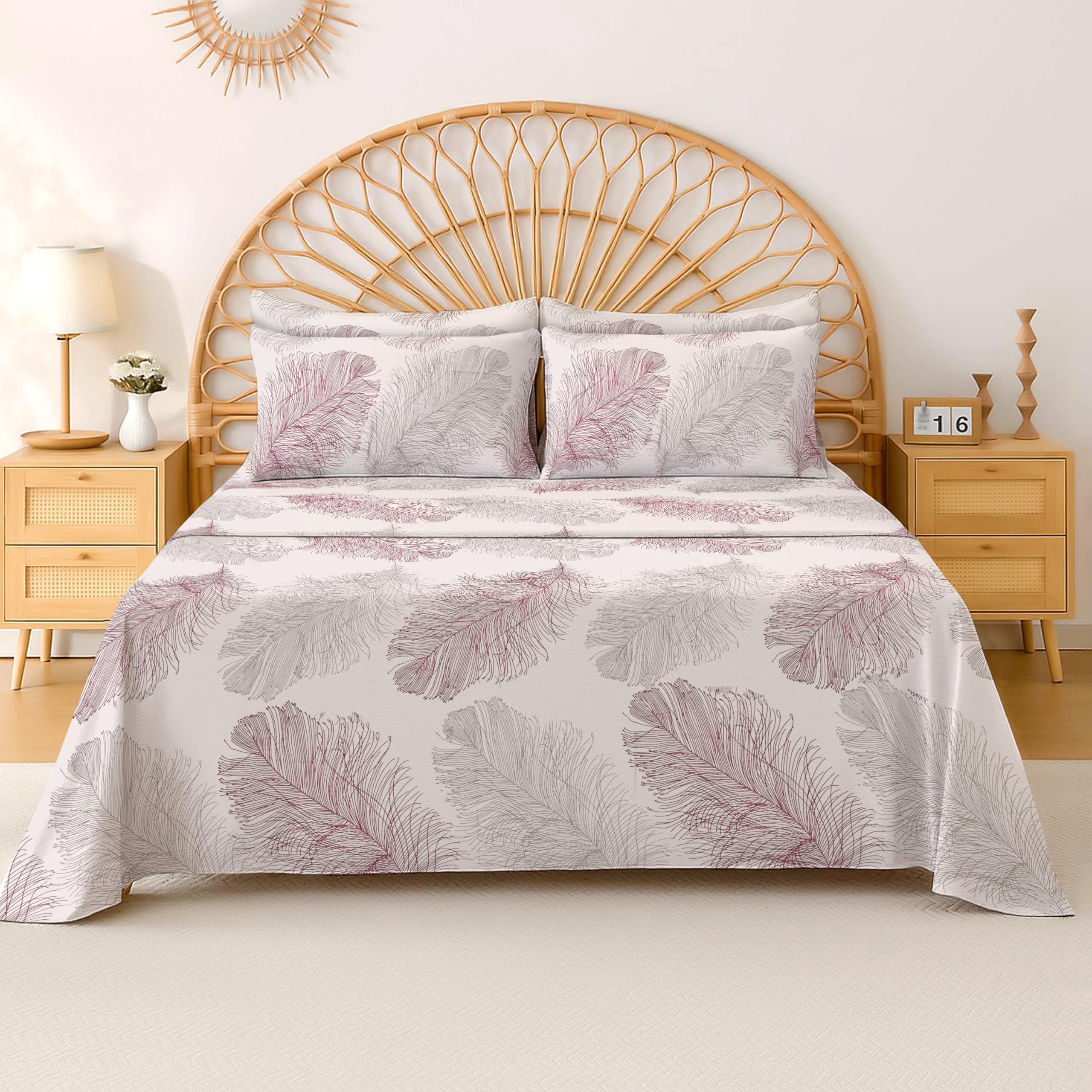 EverSoft Bedding Egyptian Cotton Flat Sheet Double Bed, 400TC Cooling Soft Fabric, Premium Floral Flower Print Top Sheet, Luxury Bed Sheet for Double Size - Soft Leaf