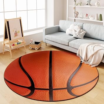 Basketball Rug for Boys Bedroom,2.6ft Soft Washable Sport Round Rug with Slip Backing Carpet for Kids Room,Playroom,Nursery and Basketball Room Decor