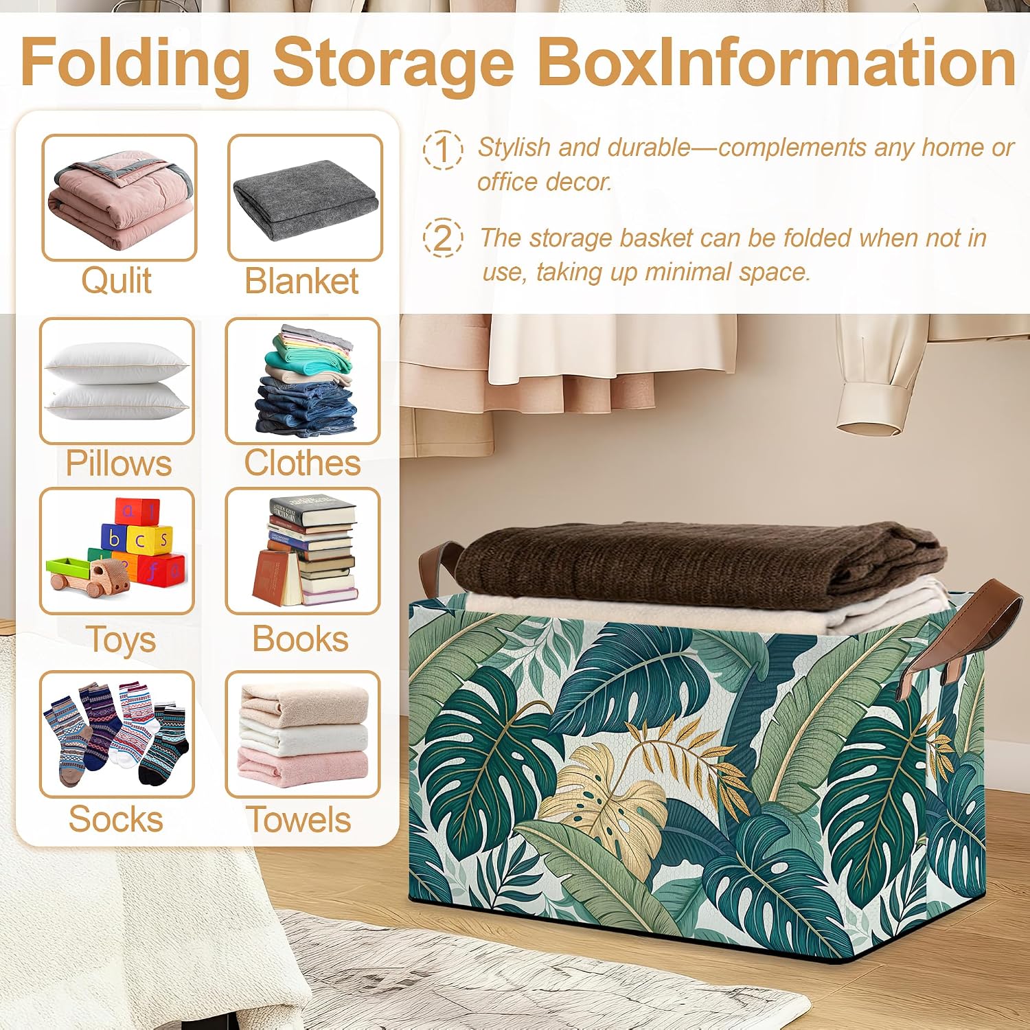 Green Leaf Fabric Storage Bins with Handles, Oxford Storage Basket for Closet Organization, Foldable Shelf Organizer for Bedroom, Nursery, Laundry, Office