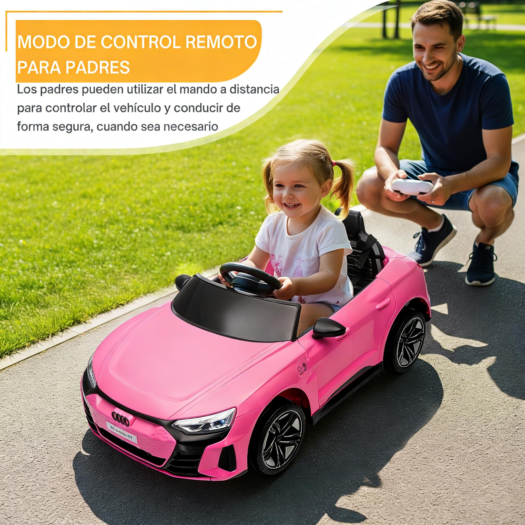 LALAHO Coche Eléctrico para Niños Audi RS E-Tron 12V con Doble Motor, 3-5 km/h Auto Eléctrico para Niños de 3 a 5 Años, MP3, Mando a Distancia (Rosa) — view 4