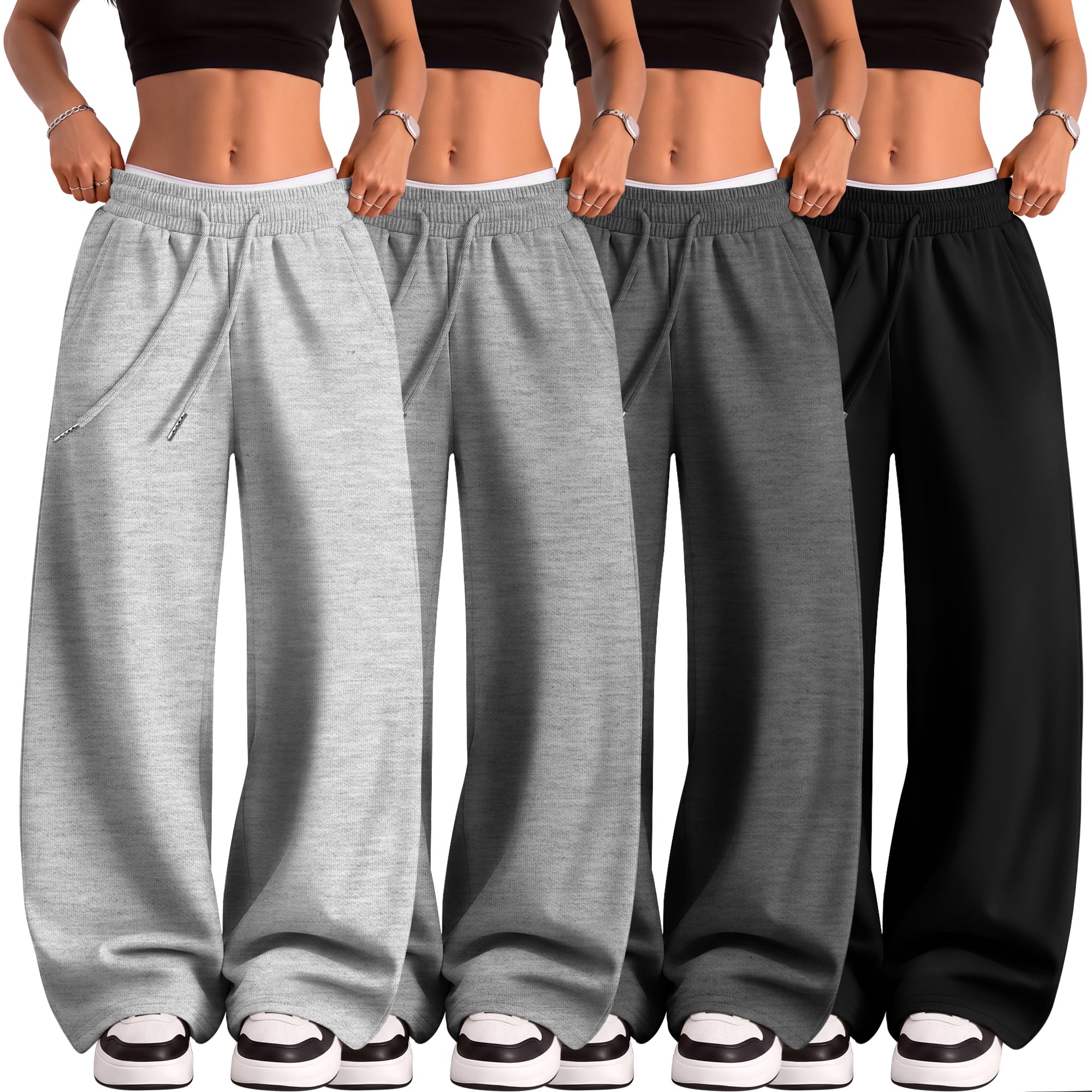 Neer 4 Pack Women's Wide Leg Baggy Sweatpants with Pockets | Lounge Baggy Pants, Loose Fit Workout Pants, Drawstring Waist Stretch Elastic, Straight Leg Sweat, Fall Pull On Casual Outfit