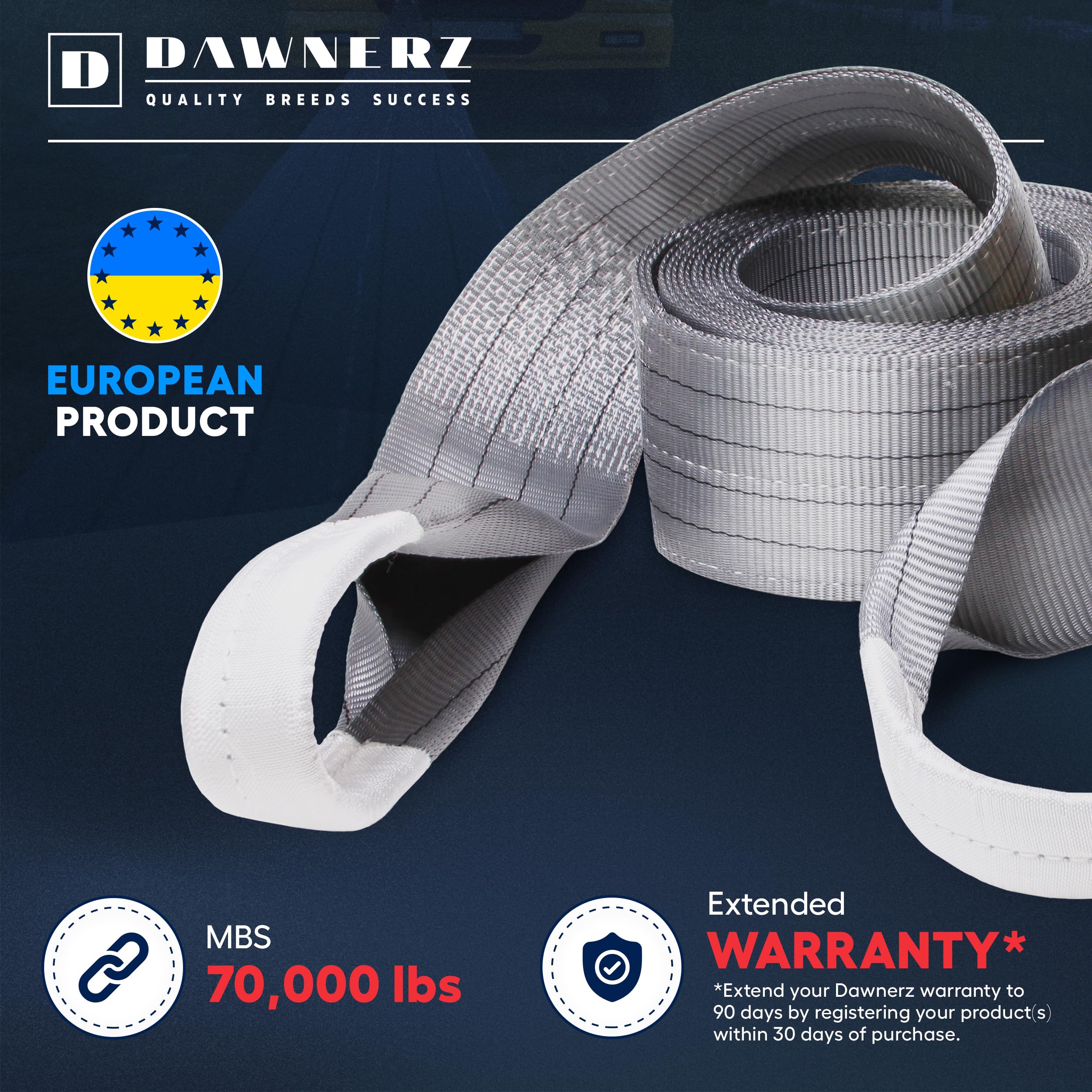 Dawnerz Tow Recovery Rope 20 ft 70000 lbs - Tow Strap 6 m 35 US Tons for Truck Van and RV