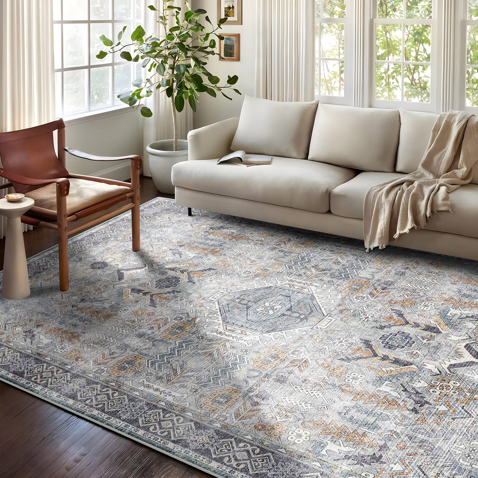 Washable Living Room Area Rug 8x10 Large Bedroom Rug Distressed