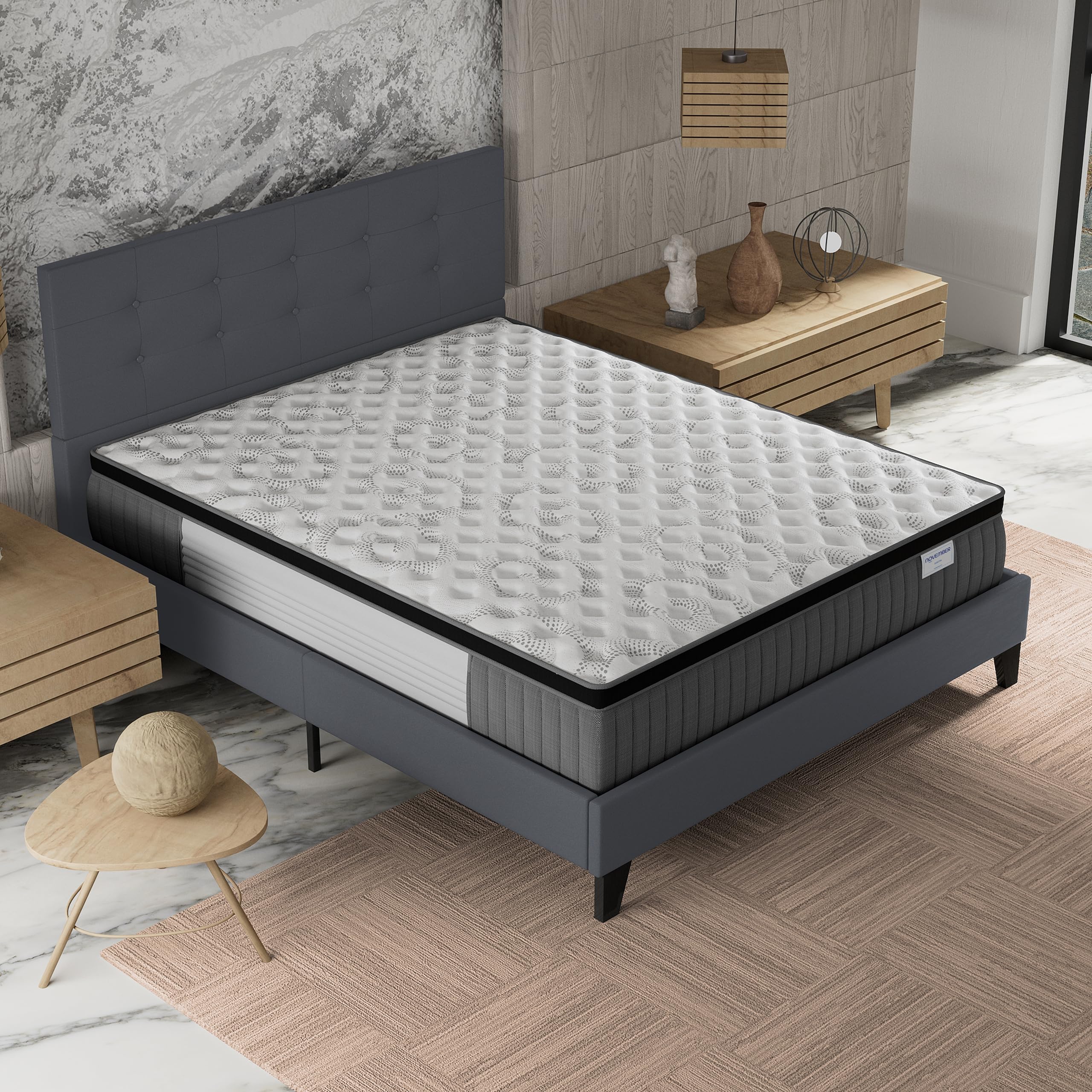 NOVEMBER- Ensemble Matelas + LIT (140x200cm)- Matelas Elekctra Ressorts ensachés & mémoire de Forme Épaisseur 30cm + Sommier Bois Stable & Robuste revêtement synthétique Gris