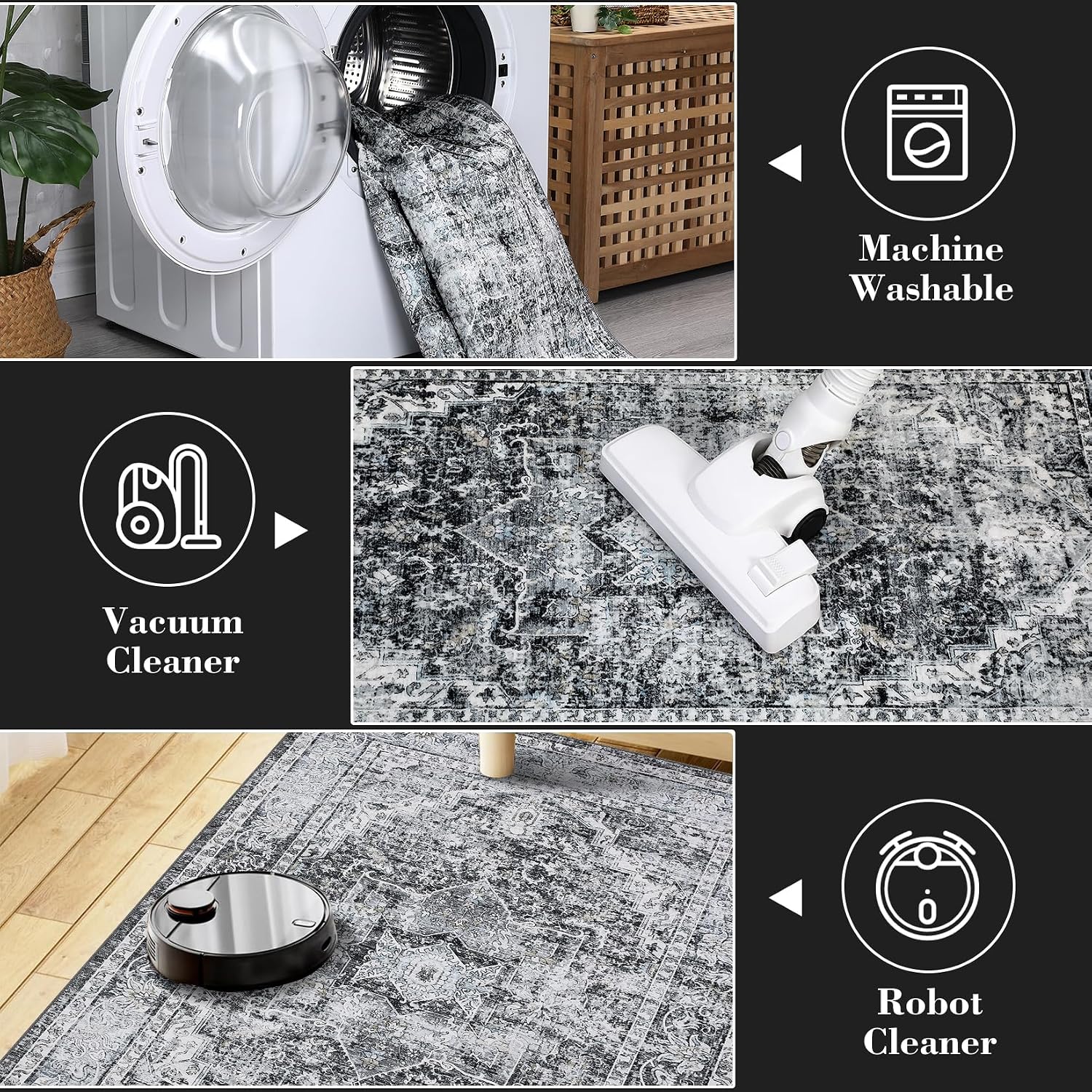 COZYLOOM 5x7 Area Rug Rugs for Living Room, Machine Washable Non Slip Vintage Rugs, Low Pile Lightweight Distressed Print Rug for Bedroom, Dining Room, Home Office, Grey