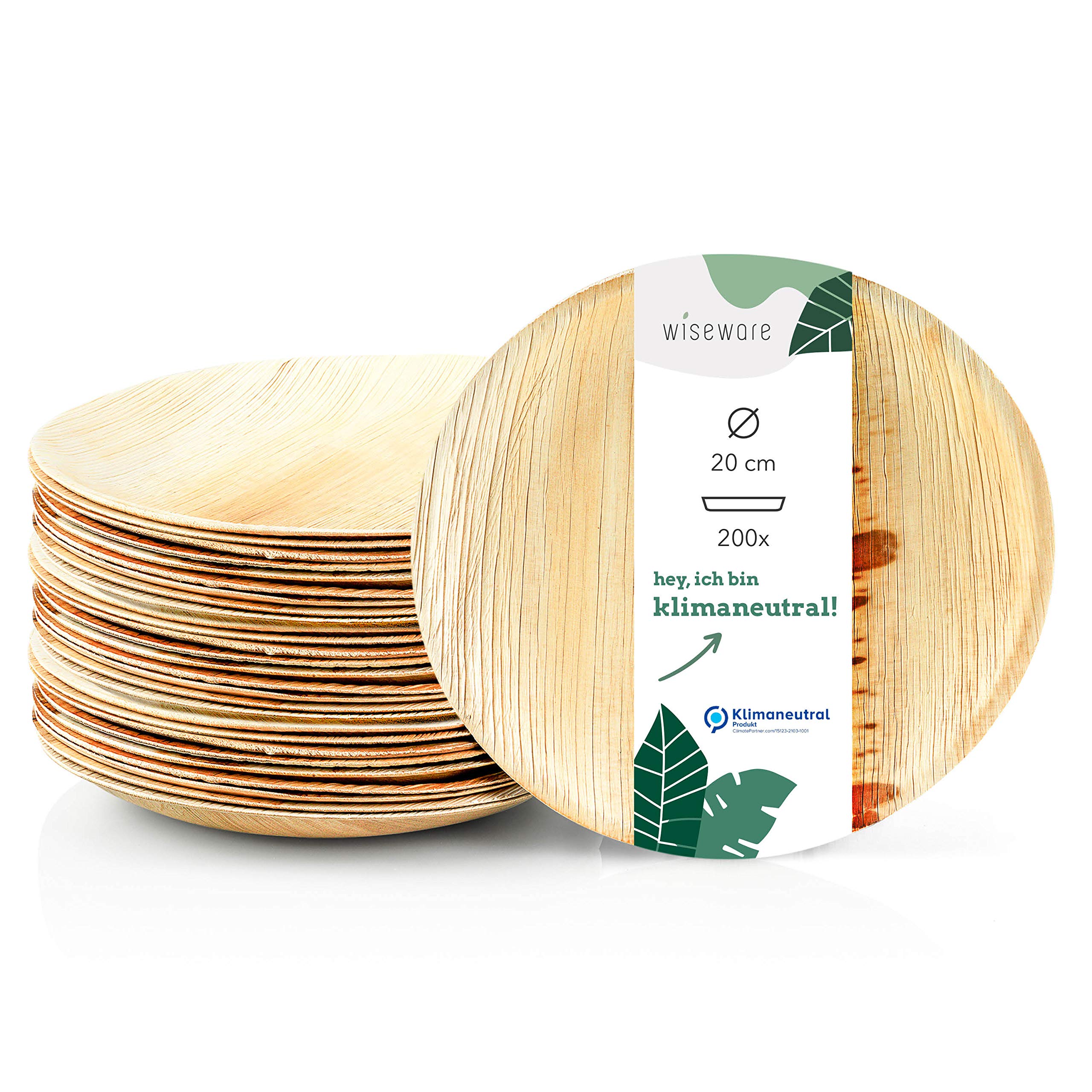 Wiseware Piatti in foglia di palma, 200 pezzi, piatti usa e getta, rotondi, Ø 20 cm, stoviglie biodegradabili in foglia di palma, stoviglie compostabili, stoviglie monouso biologiche