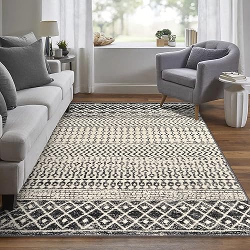 Geometric Moroccan 6x9 Rug, Ultra Soft Distressed Black Rug for Bedroom Non-Slip, Low-Pile Washable Living Room Rug Indoor Carpet for Bedroom Dining Room Classroom Dorm
