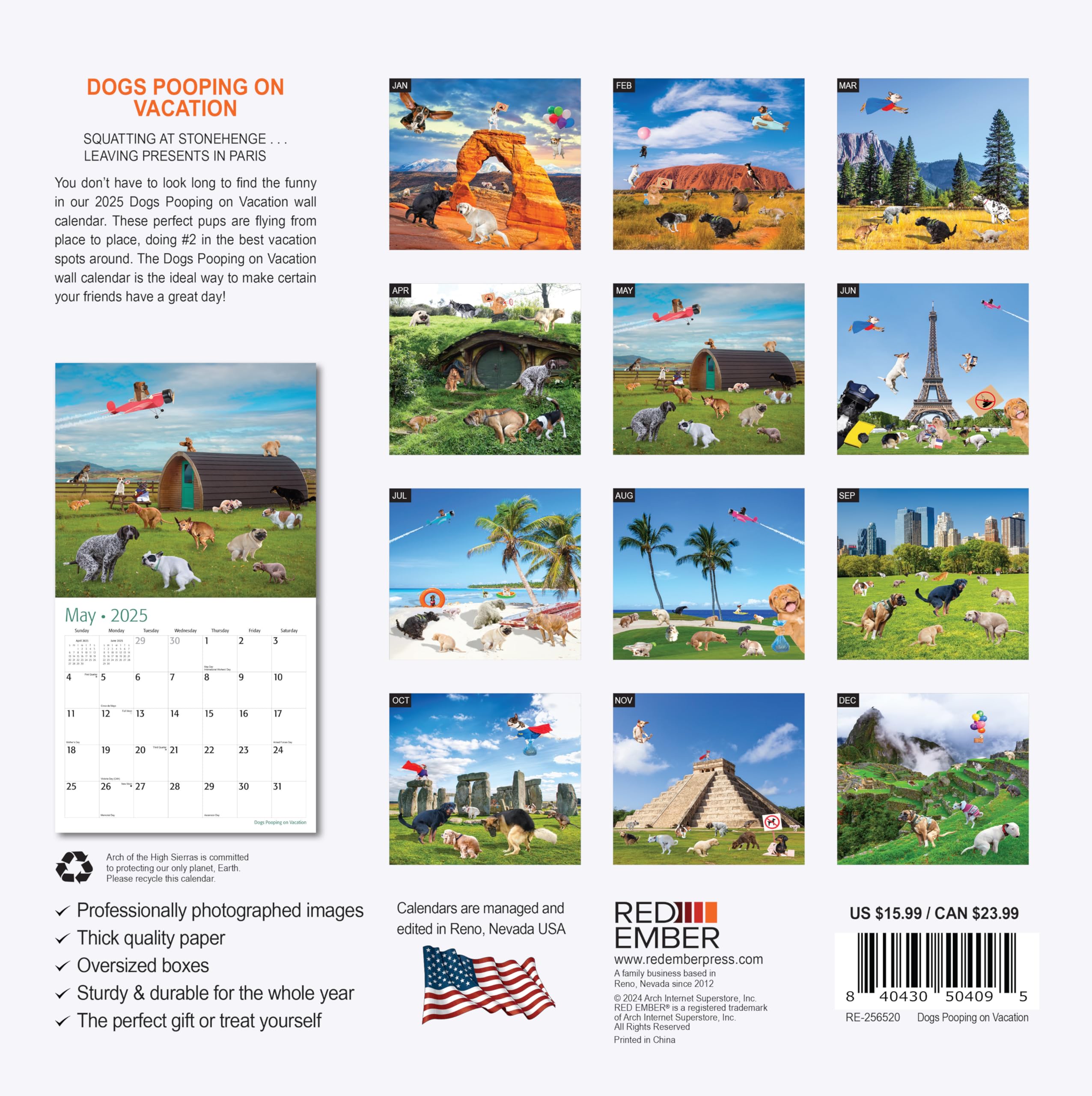 RED EMBER Dogs Pooping on Vacation - Calendario mensual de pared colgante 2025 | 12 x 24 pulgadas abierto | Papel grueso y resistente | Regalo | Divertido intercambio secreto de elefante blanco Yankee