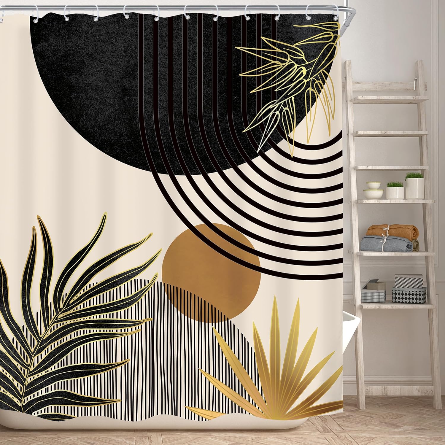 komllex mid century black gold boho shower curtain 60wx72l inches abstract modern green shower curtains for bathroom plant botanical minimalist arch sun fabric liner waterproof polyester 12 pack hooks 60"w x 72"l (pack of 1) black gold
