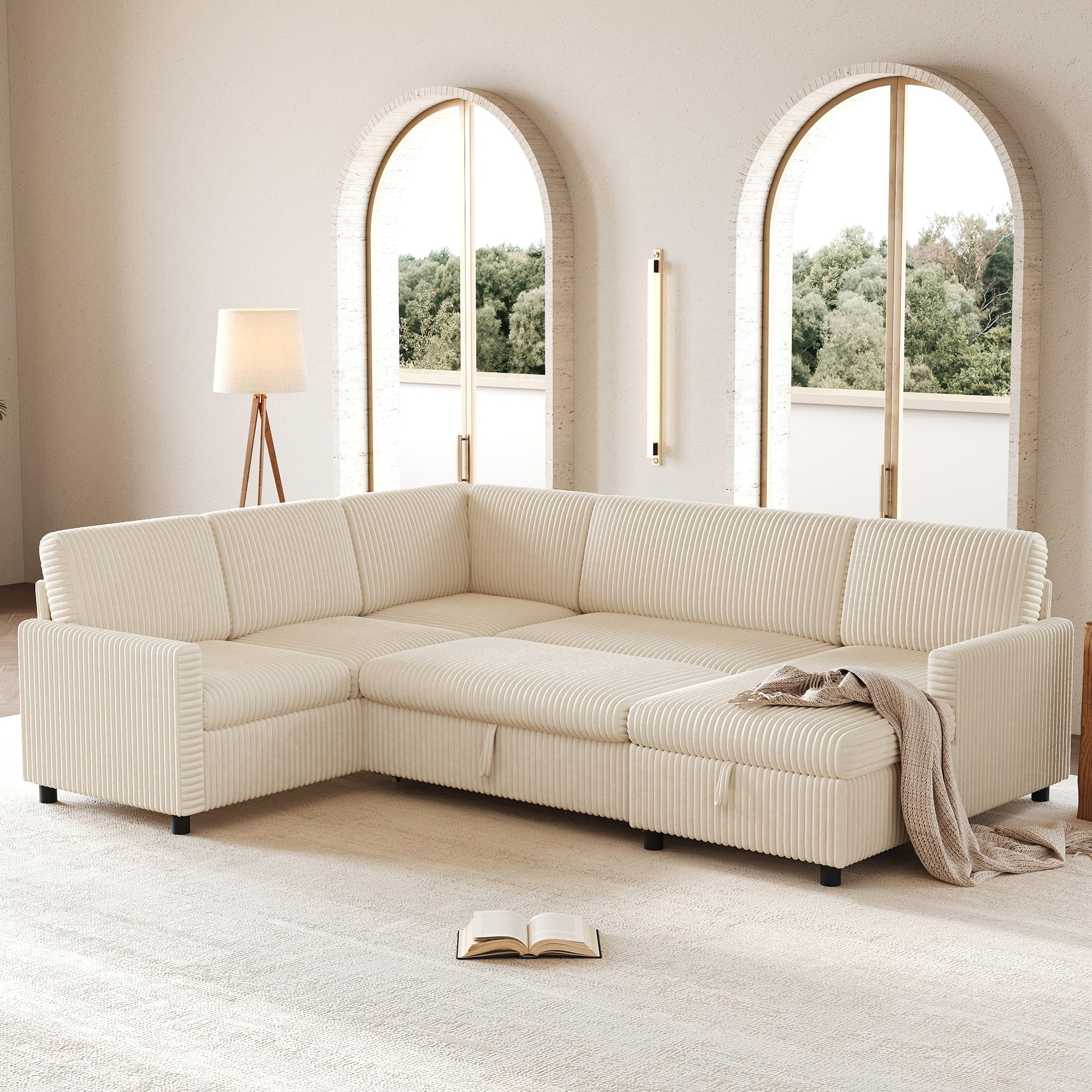 Sofá cama esquinero moderno en forma de L de 274 cm con función de dormir, sofá cama extensible, tela de pana gruesa, chaise longue con espacio de almacenamiento (beige)