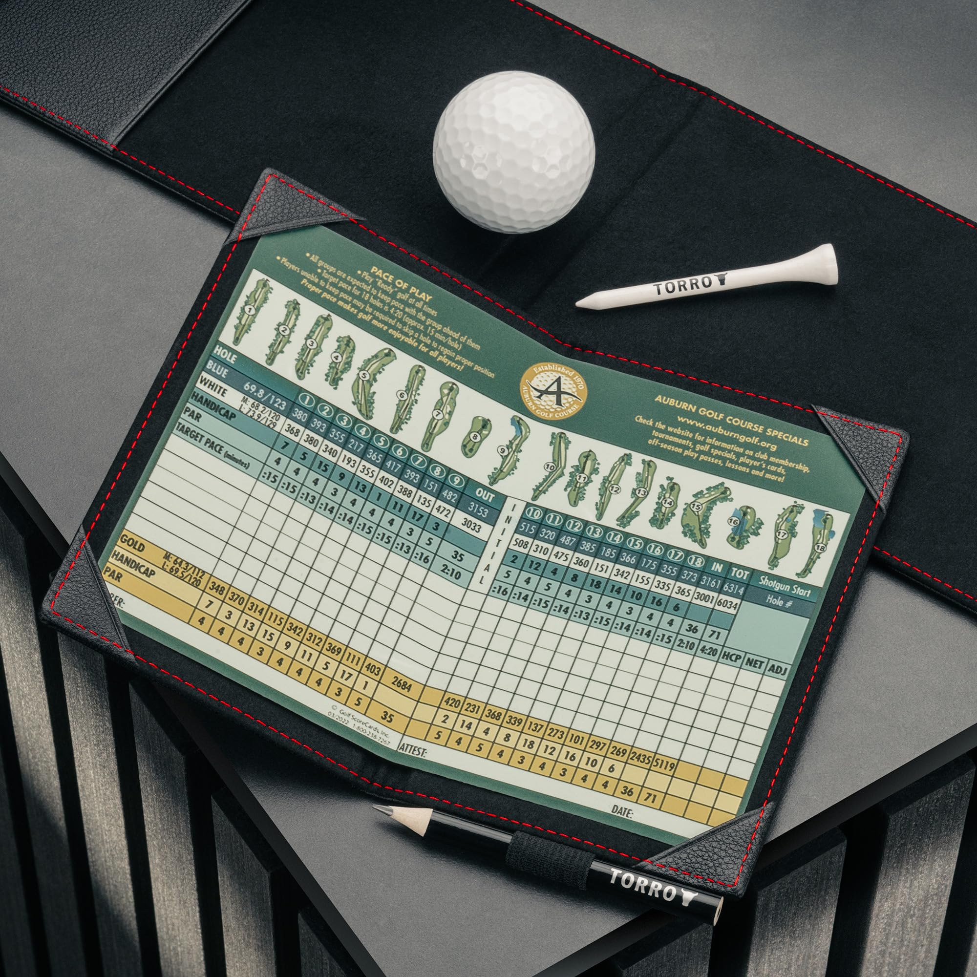 TORRO Tarjeta de puntuación de Golf de Cuero Genuino con Soporte para Libro de Yardas y Lazo para lápiz
