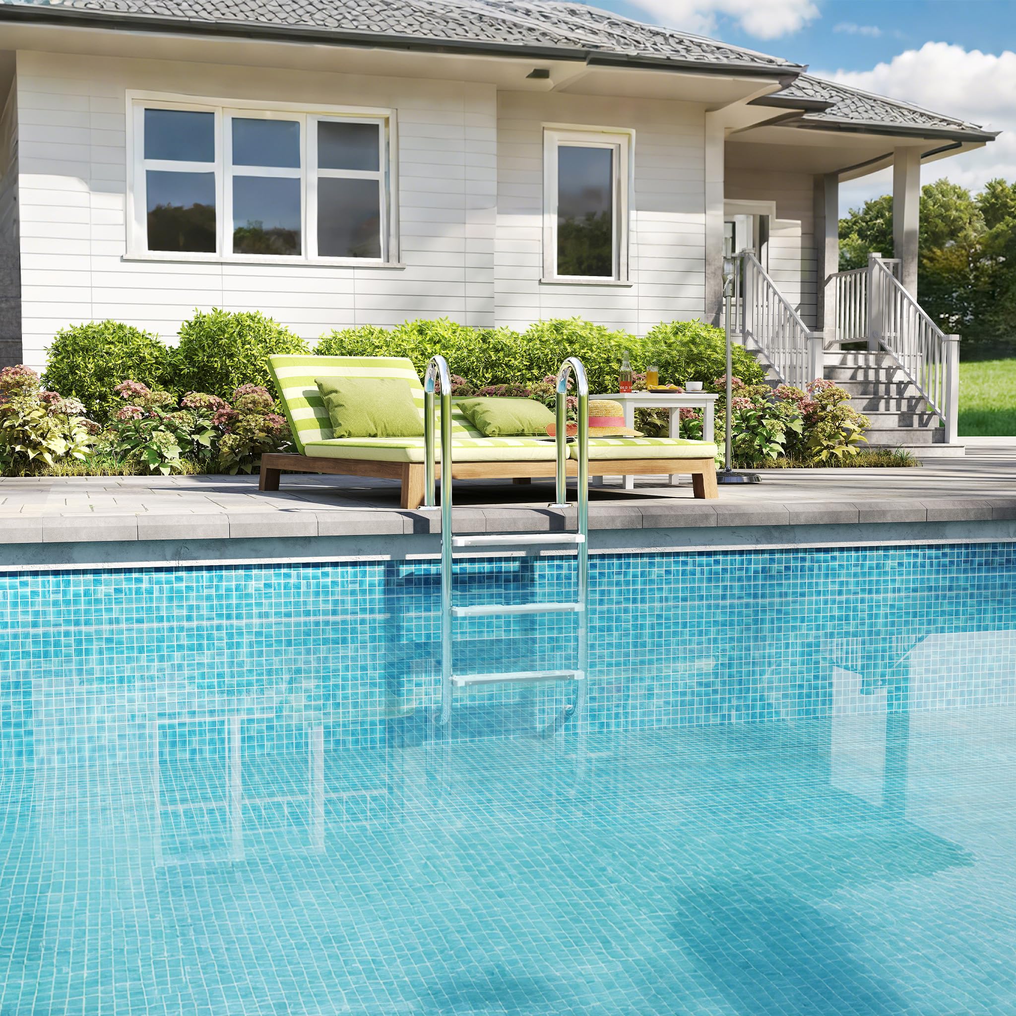 Aufun Scala per piscina in acciaio inox, 132 x 54 x 26 cm, 3 gradini | Scala d'ingresso argento, portata fino a 150 kg, scala di sicurezza, antiscivolo, per piscine fino a 1,3 m di profondità
