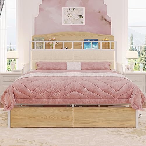 LIKIMIO Full Bed Frame with Guardrail & Bedside Caddy, Multifunctional Headboard with Charging Station, Durable Metal Platform Bed, Noise-Free, No Box Spring Needed, White